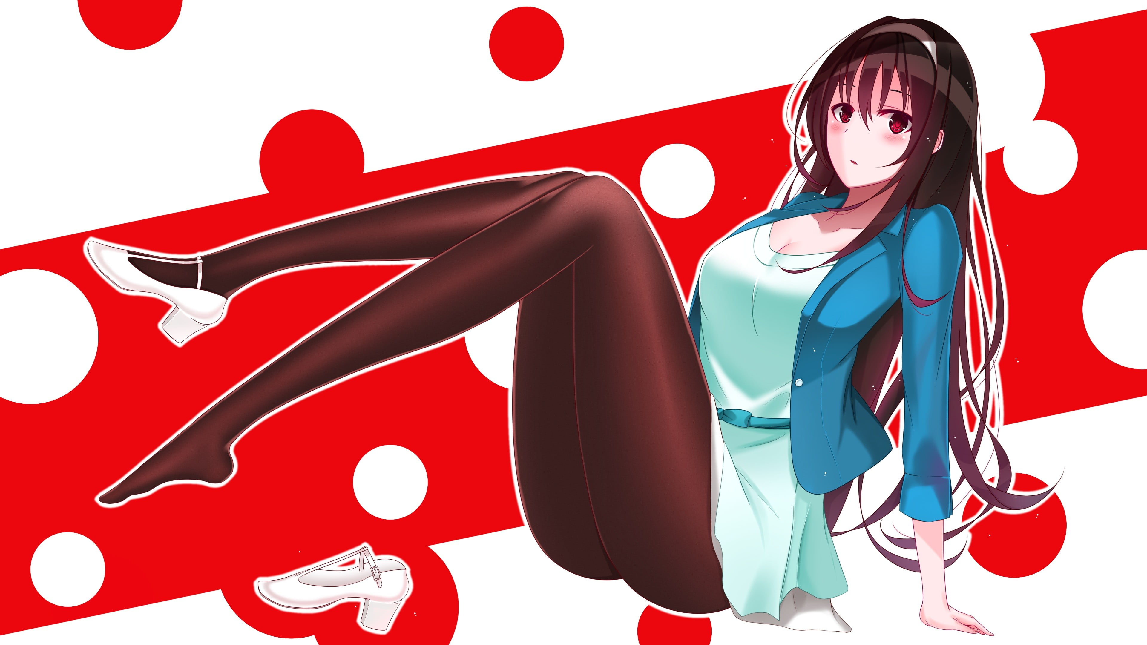 studio shot, high heels, 4K, anime, females, Blazer, hairstyle, anime girls, long hair, Kasumigaoka Utaha, heels, indoors, cleavage, beautiful woman, one person, HD Wallpaper