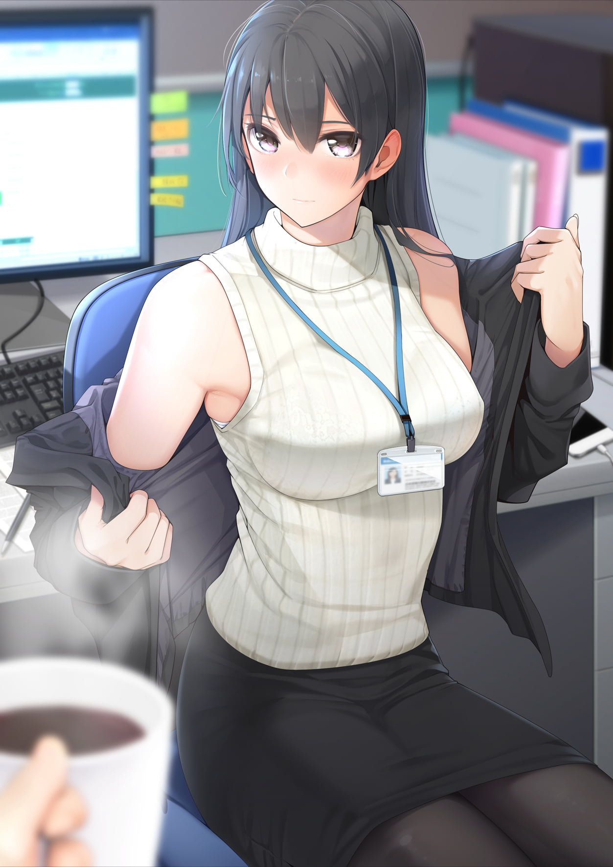 anime, long hair, coffee, blush, office girl, keyboards, monitor, books, looking at viewer, skirt, 720P, Phone HD Wallpaper