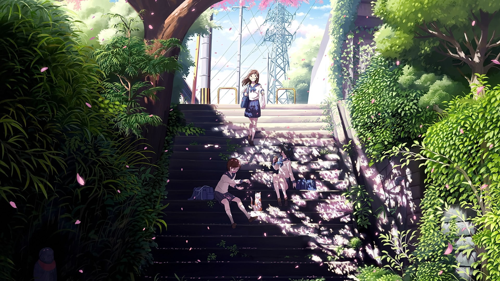 long hair, stairs, landscape, anime girls, open mouth, anime, school uniform, original characters, 1080P, short hair, brunette, cherry blossom, plants, HD Wallpaper