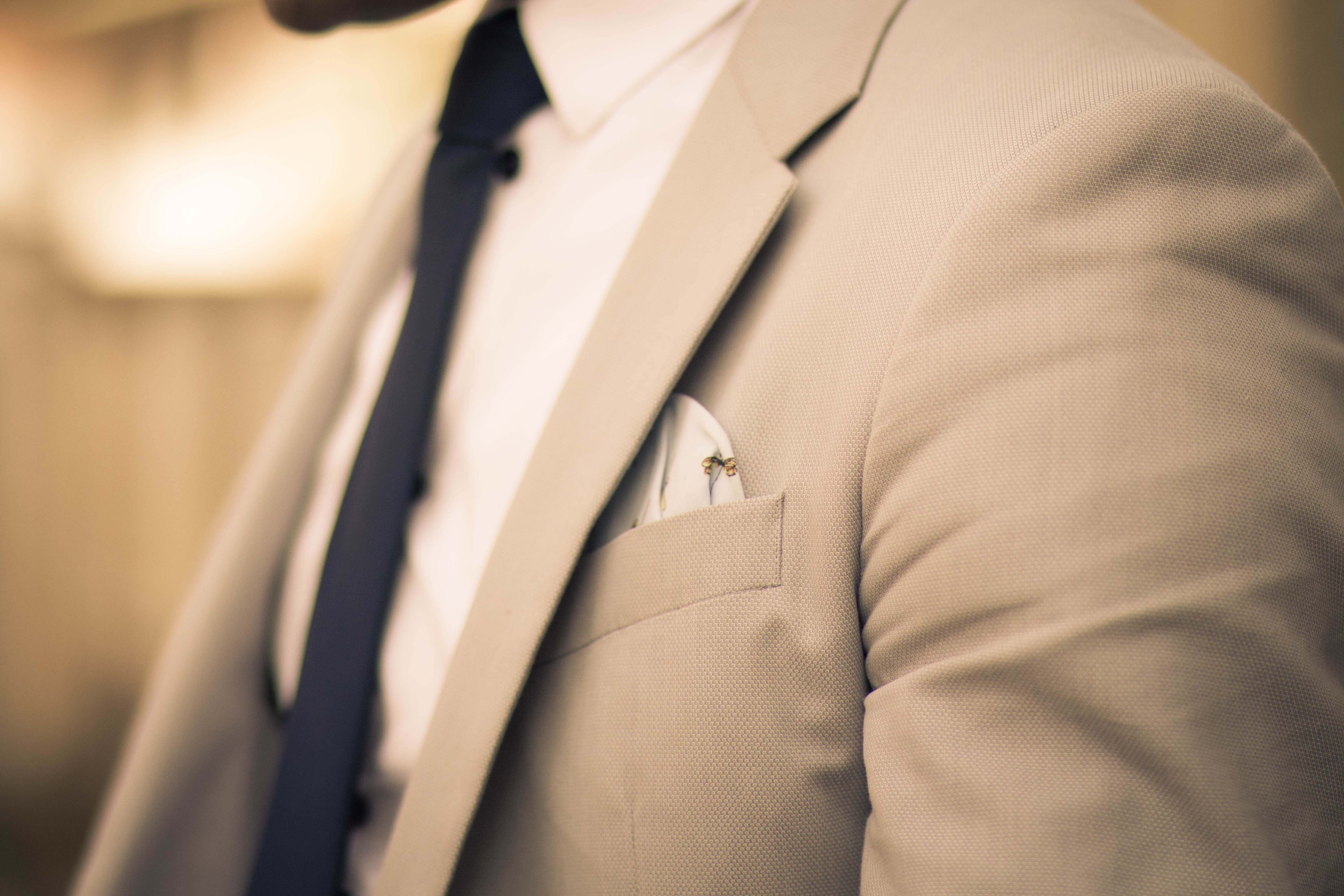 coathanger, pocket square, bokeh, wedding, business, formalwear, menswear, man, beige, people, suit, selective focus, indoors, clothing, close-up, jacket, HD Wallpaper