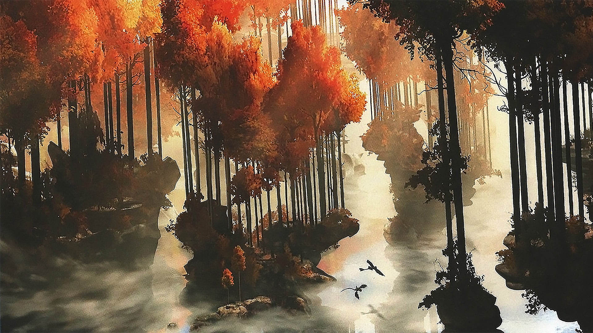 panoramic, 1080P, reflection, animated movies, autumn, nature, growth, two, change, beauty in nature, waterfront, movies, plant, concept art, flying, tree, HD Wallpaper