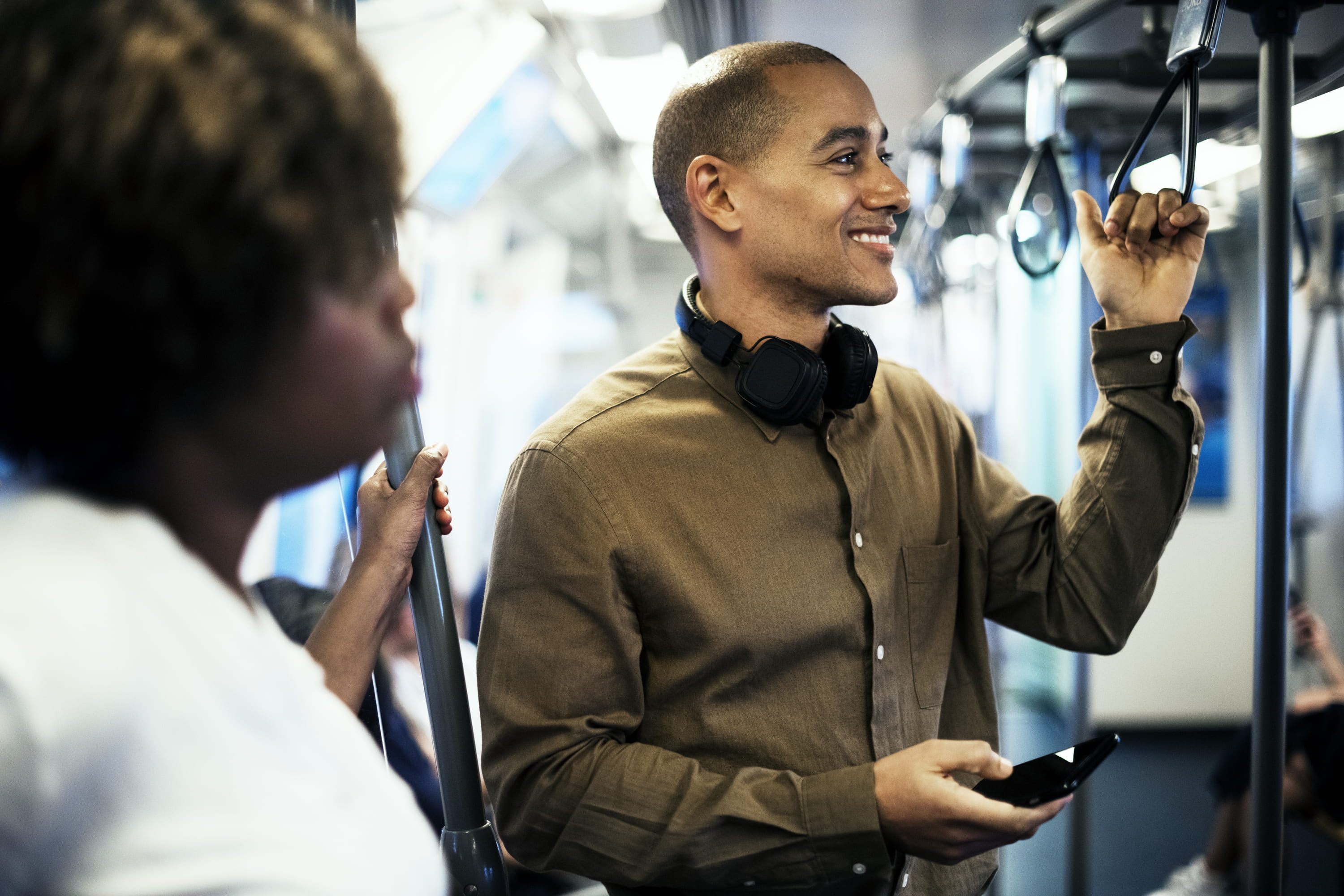grip, men, working, headphones, portrait, young adult, talking, smile, holding, train, standing, smiling, wireless technology, black man, waist up, man, HD Wallpaper