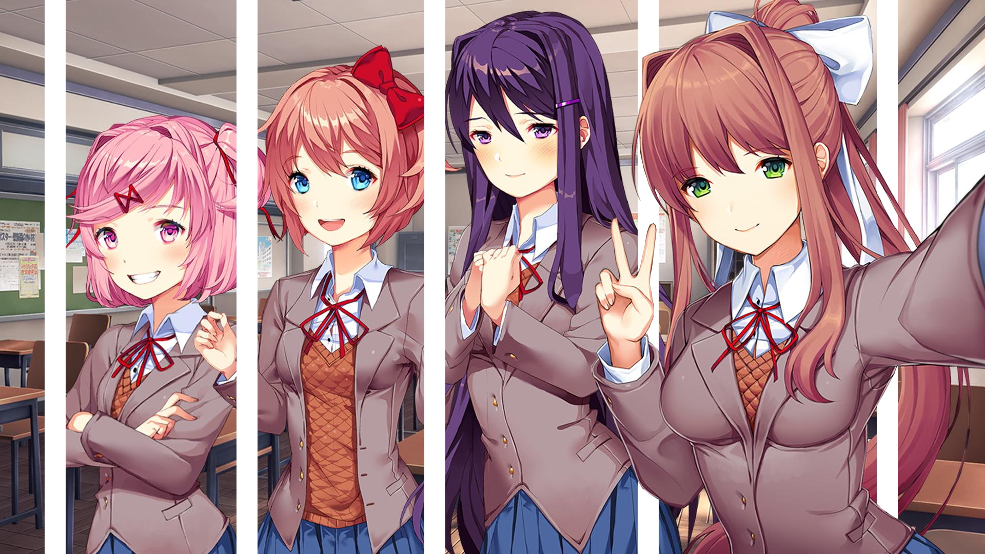 school uniform, anime girls, Doki Doki Literature Club, 1080P, Sayori (Doki Doki Literature Club), Yuri (Doki Doki Literature Club), Natsuki (Doki Doki Literature Club), HD Wallpaper