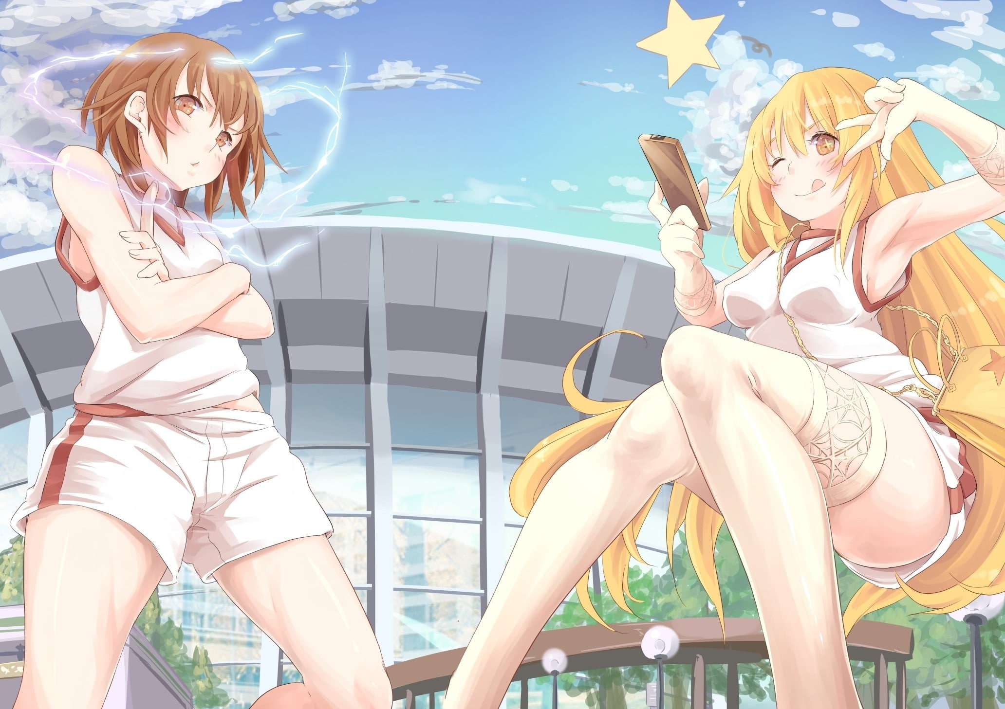 To Aru Kagaku No Railgun, 1080P, Gym Clothes, Shokuhou Misaki, Misaka Mikoto, Thigh highs, anime, HD Wallpaper