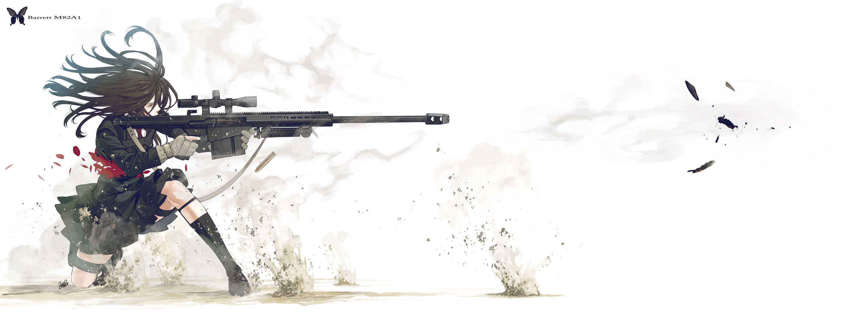 brown, petals, original, yusuke, hair, gloves, long, 2K, white, gun, kozaki, butterfly, skirt, weapon, HD Wallpaper