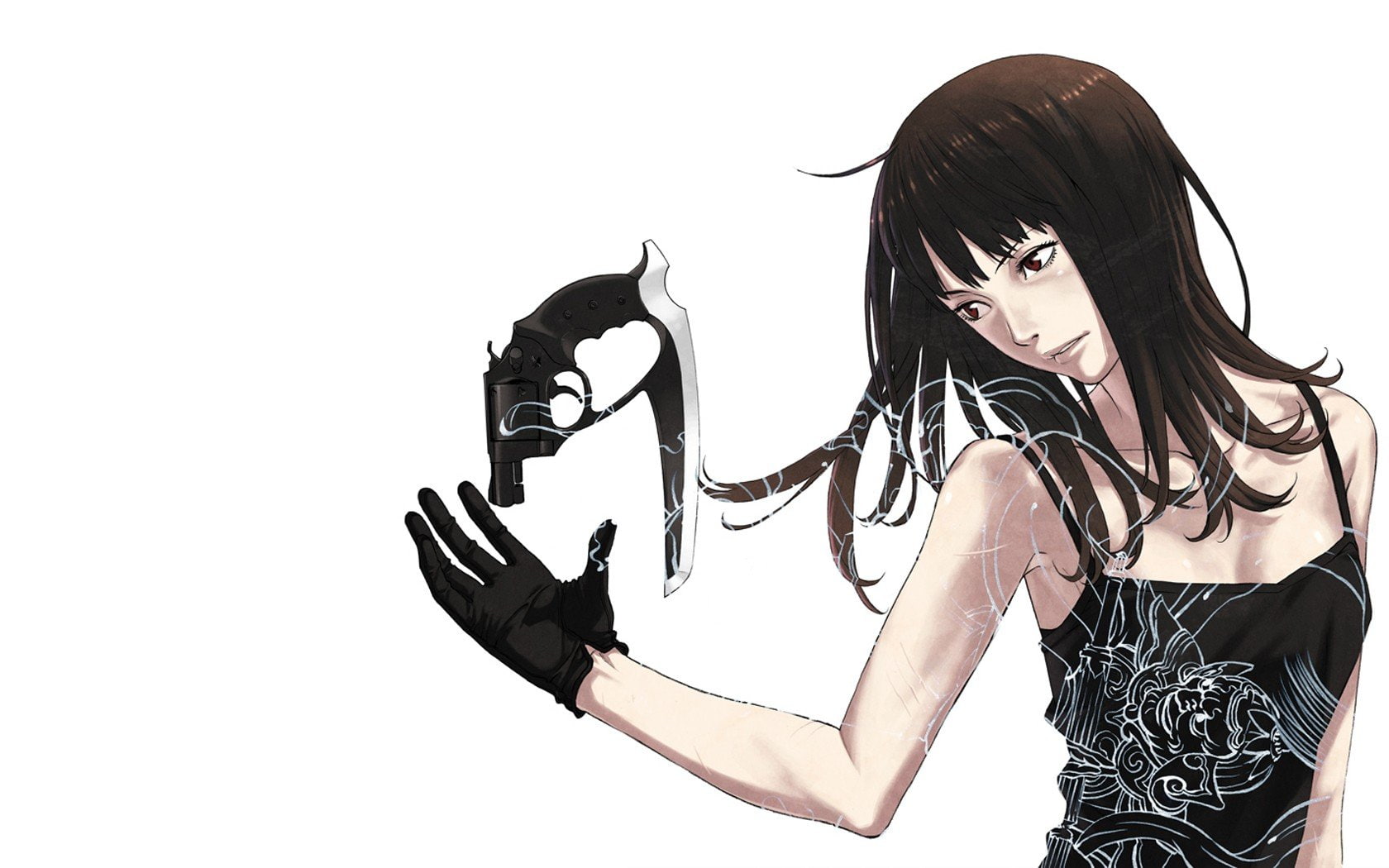 720P, background, girls, weapons, guns, bare, kozaki, patterns, heroes, simple, pixiv, brunettes, shoulders, yusuke, anime, HD Wallpaper