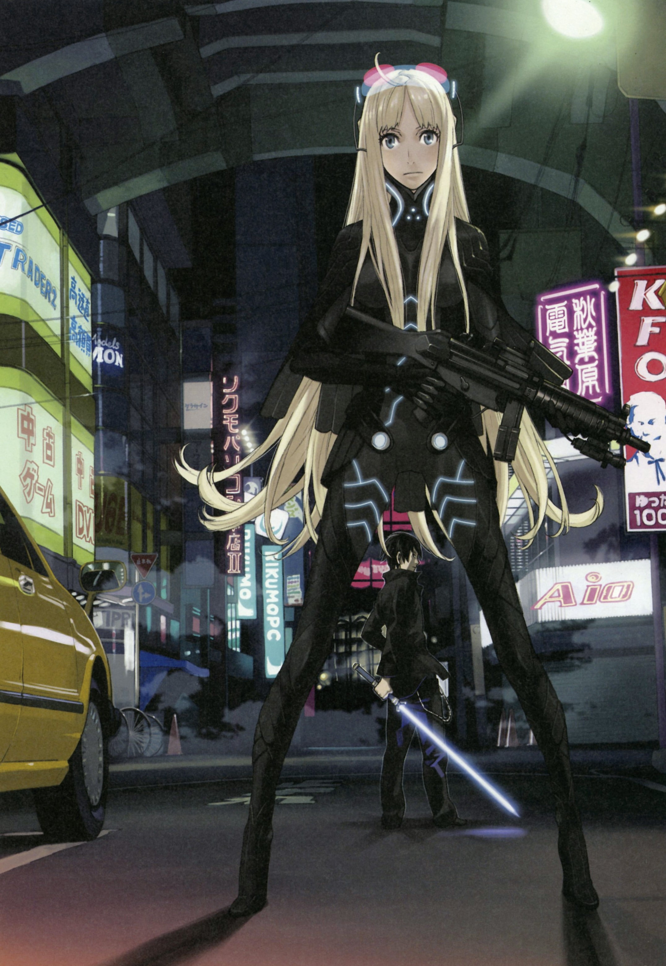 bodysuits, cars, pants, boys, blondes, jackets, 2K, bangs, scans, swords, glowing, weapons, buildings, goggles, eyes, black, futuristic, night, streets, Phone HD Wallpaper