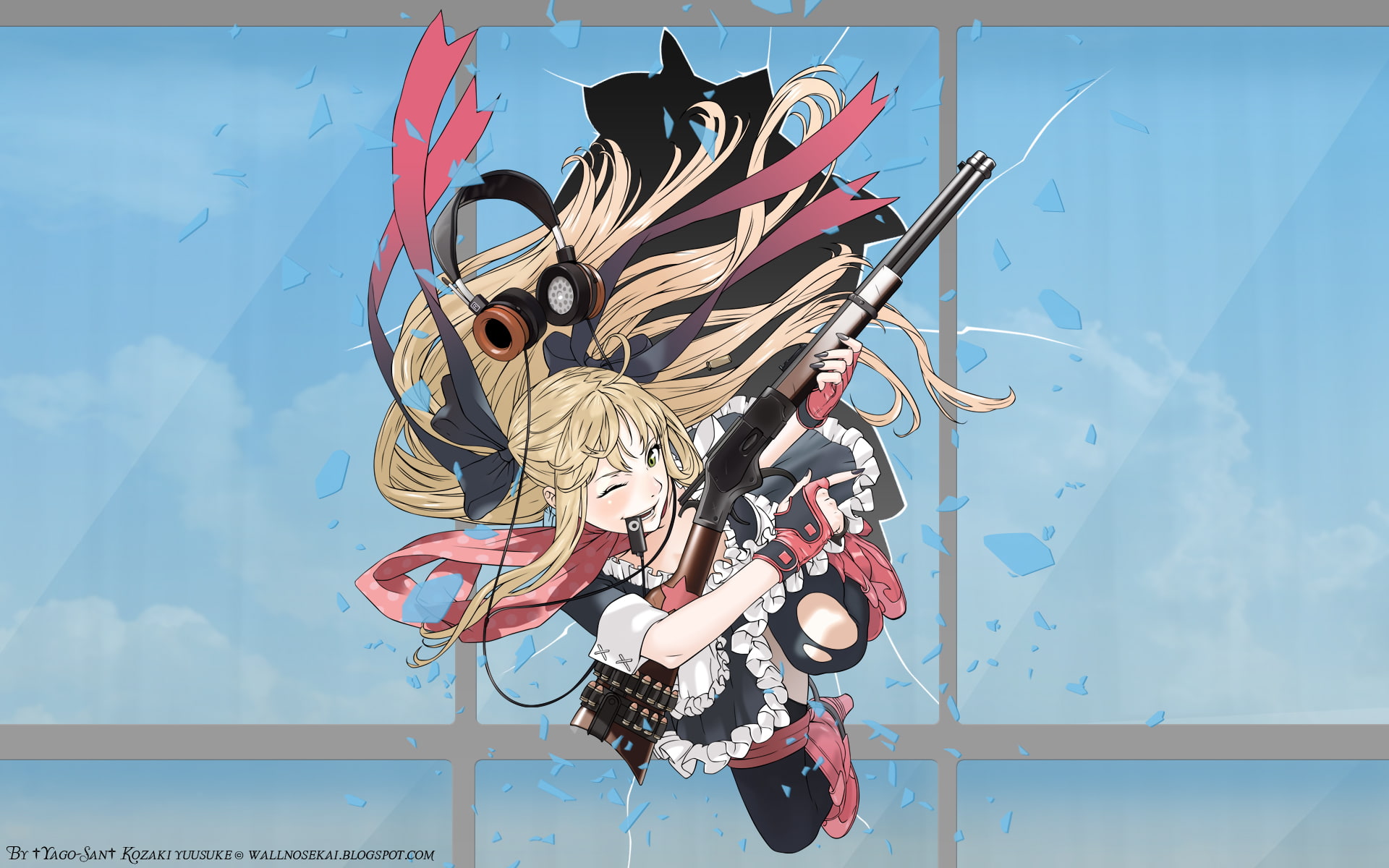 original, gun, headphones, eyes, weapon, maid, thighhighs, yellow, gloves, long, hair, 1080P, ribbons, yusuke, blonde, kozaki, HD Wallpaper