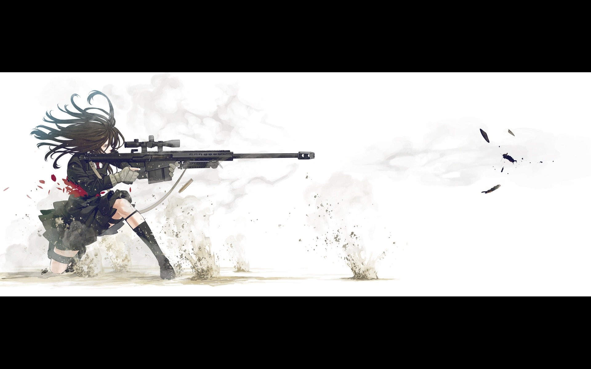 hair, weapons, yusuke, original, guns, brunettes, kozaki, long, school, knee, 1080P, socks, characters, uniforms, HD Wallpaper