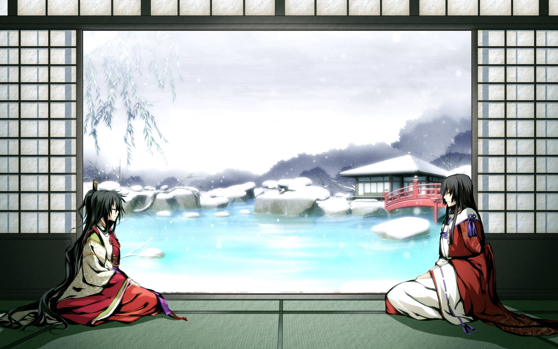 real people, winter, red, outdoors, window, clothing, girl, sky, white, illustration, sitting, day, 1080P, g yuusuke, kimono, women, game, blue, image, HD Wallpaper