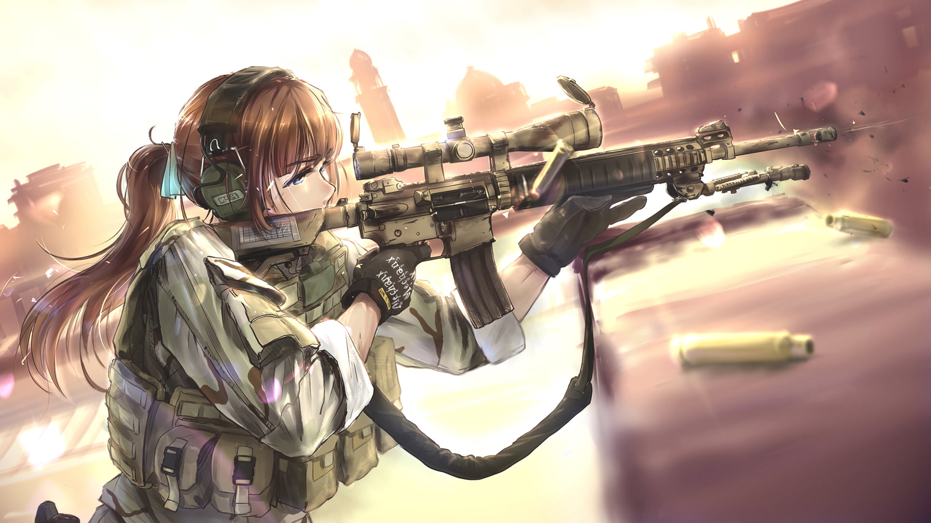 long hair, one person, headwear, outdoors, holding, clothing, Girl With Weapon, army helmet, military, aerospace industry, day, helmet, 1080P, uniform, HD Wallpaper
