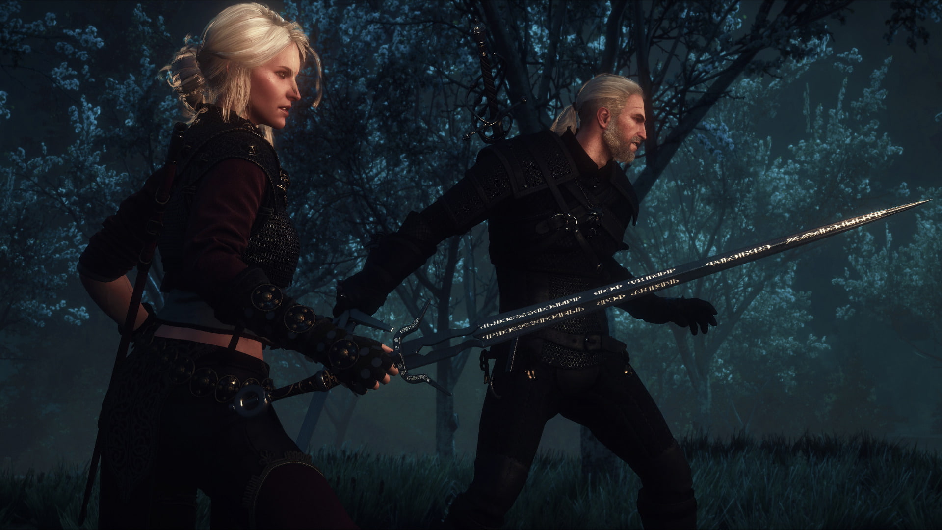 young women, The Witcher 3: Wild Hunt, aggression, hunter, standing, night, couple - relationship, people, holding, males, tree, men, Geralt of Rivia, young men, HD Wallpaper