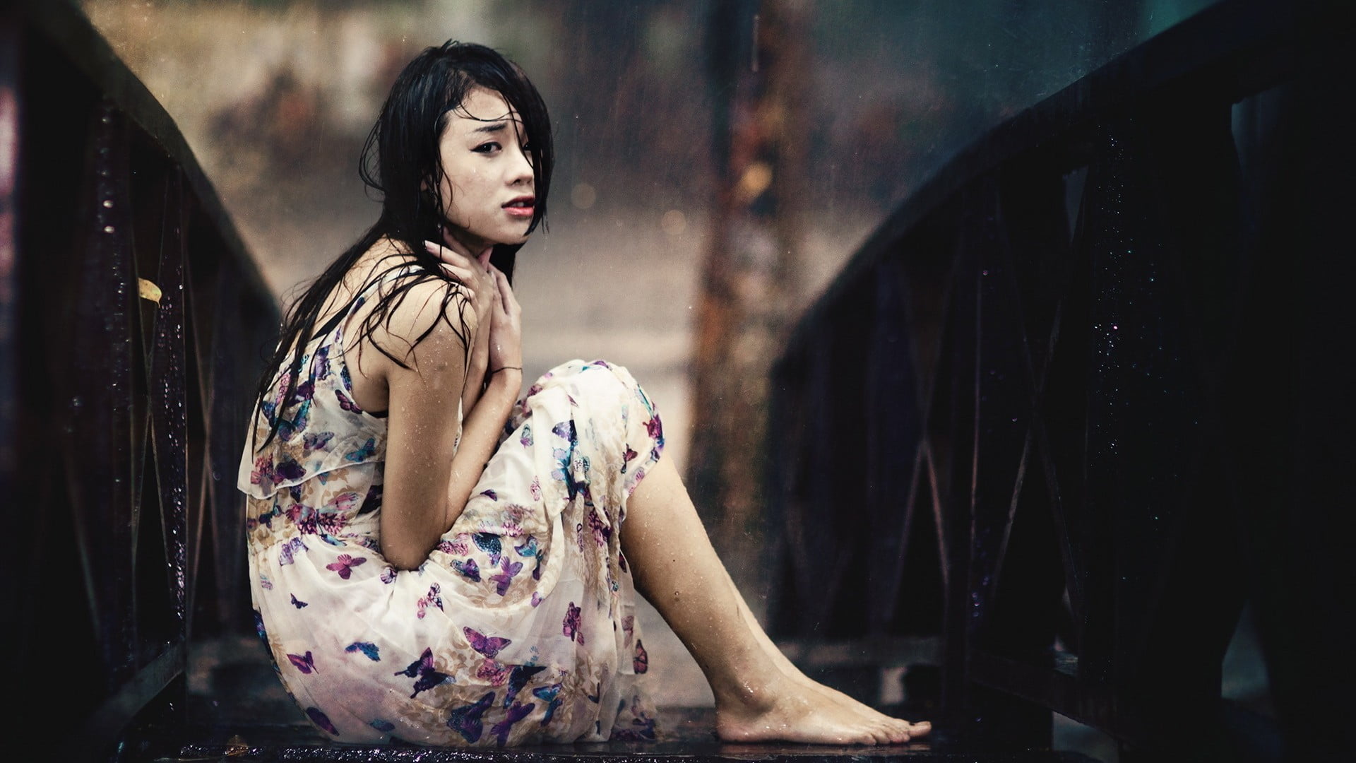 standing, bridge, 1080P, woman, young women, beautiful woman, depression - sadness, dress, butterfly, sitting, hairstyle, contemplation, women, fashion, HD Wallpaper