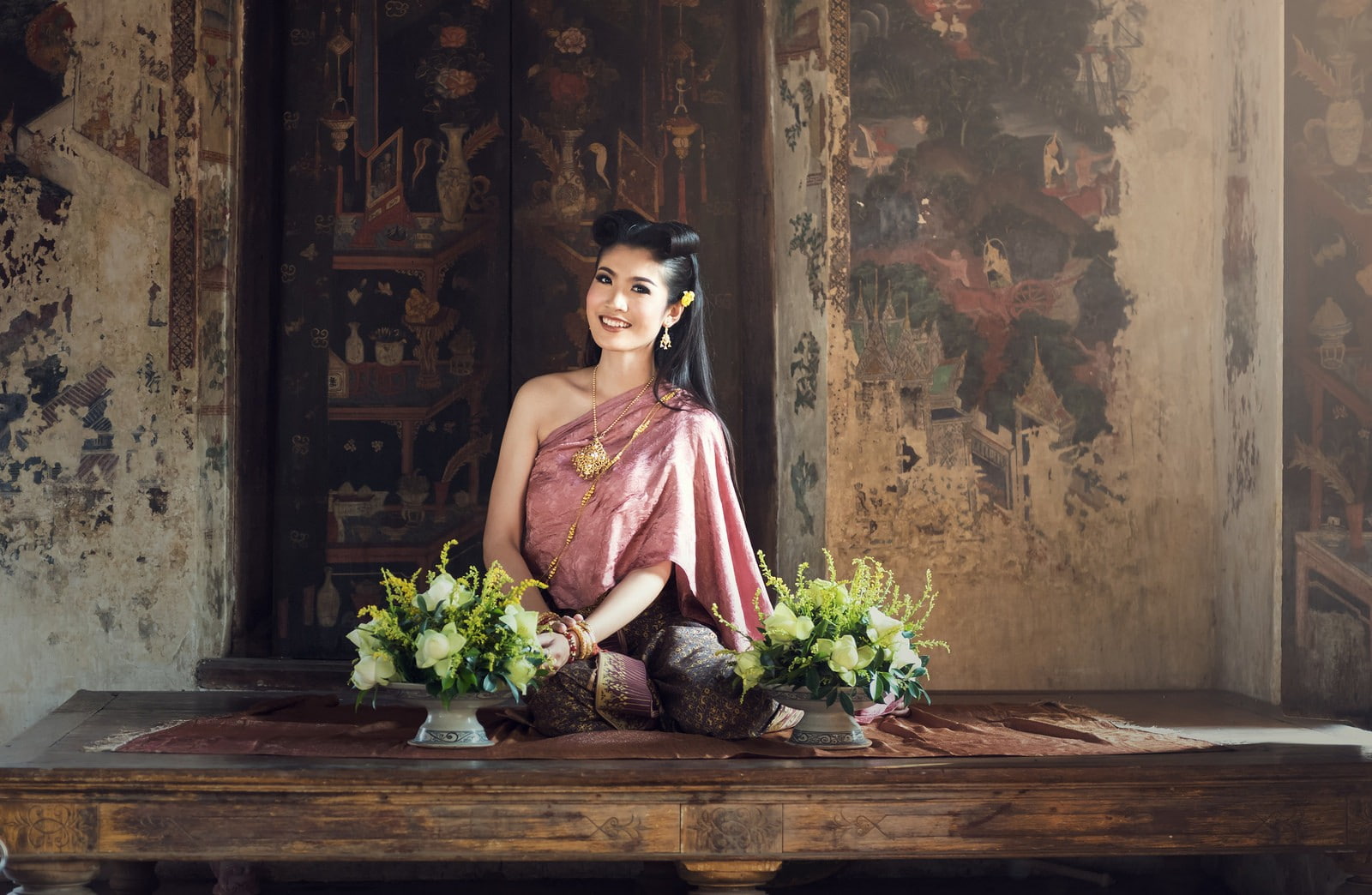 brunette, sitting, Thailand, Asian, looking away, portrait, 720P, brown eyes, smiling, flowers, women, HD Wallpaper