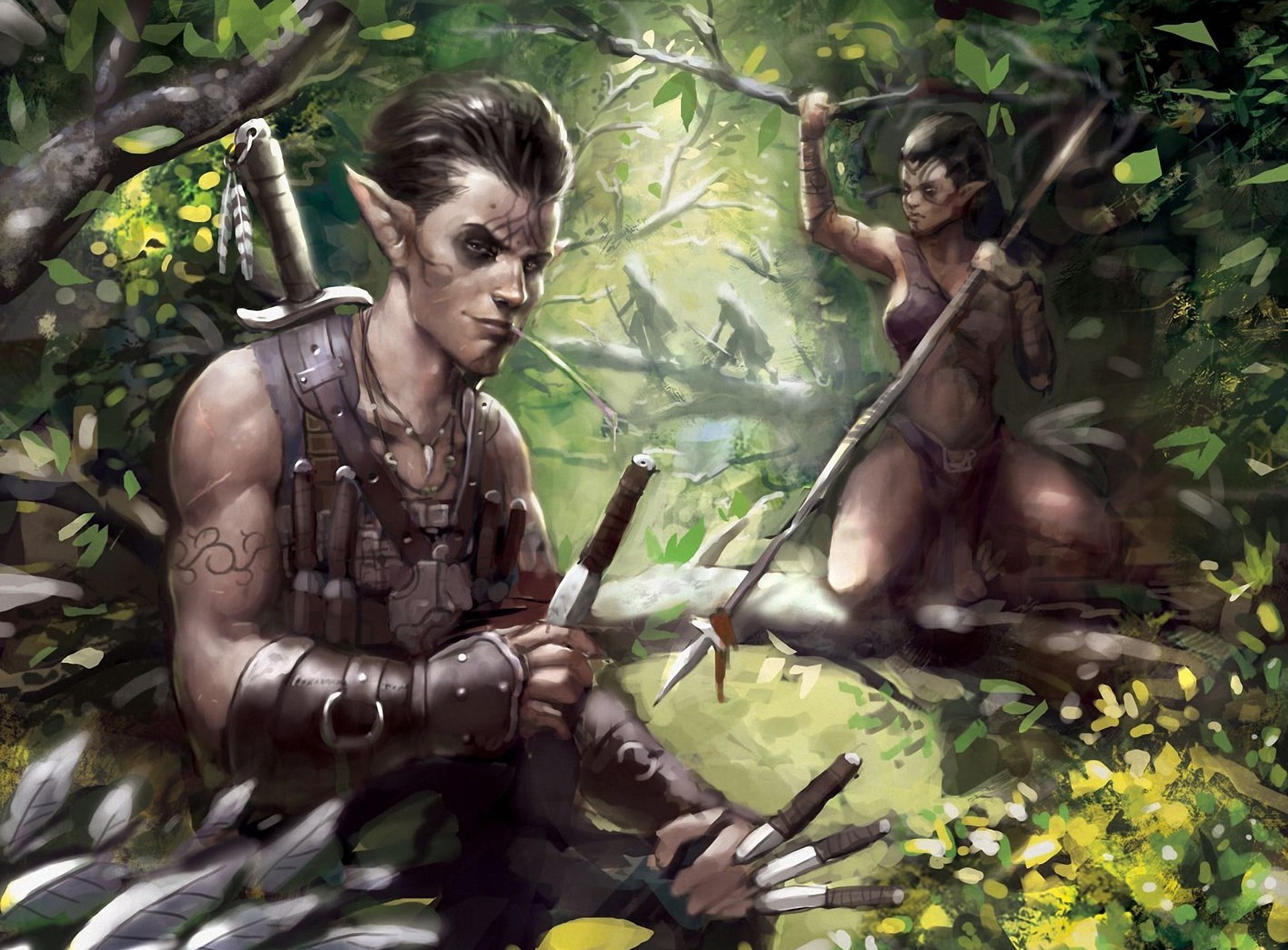 beauty, young women, nature, adult, people, plant, tree, beautiful woman, elves, day, fantasy art, women, forest, knife, clothing, 1080P, growth, two people, HD Wallpaper