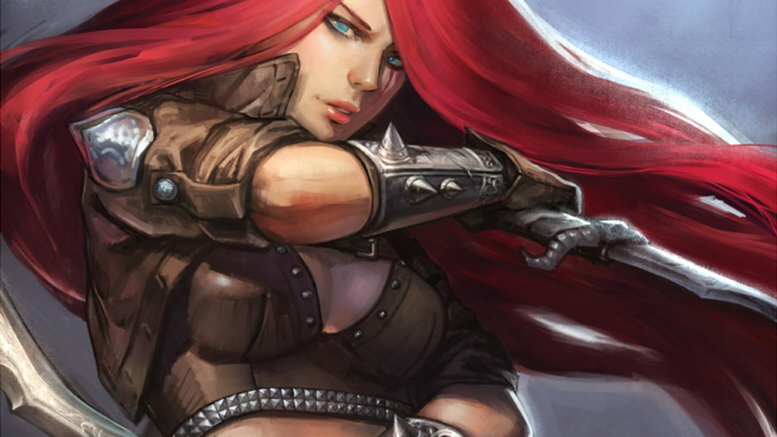 Katarina, clothing, redhead, lifestyles, 720P, looking at camera, close-up, young adult, silver colored, women, League of Legends, waist up, indoors, fantasy art, HD Wallpaper
