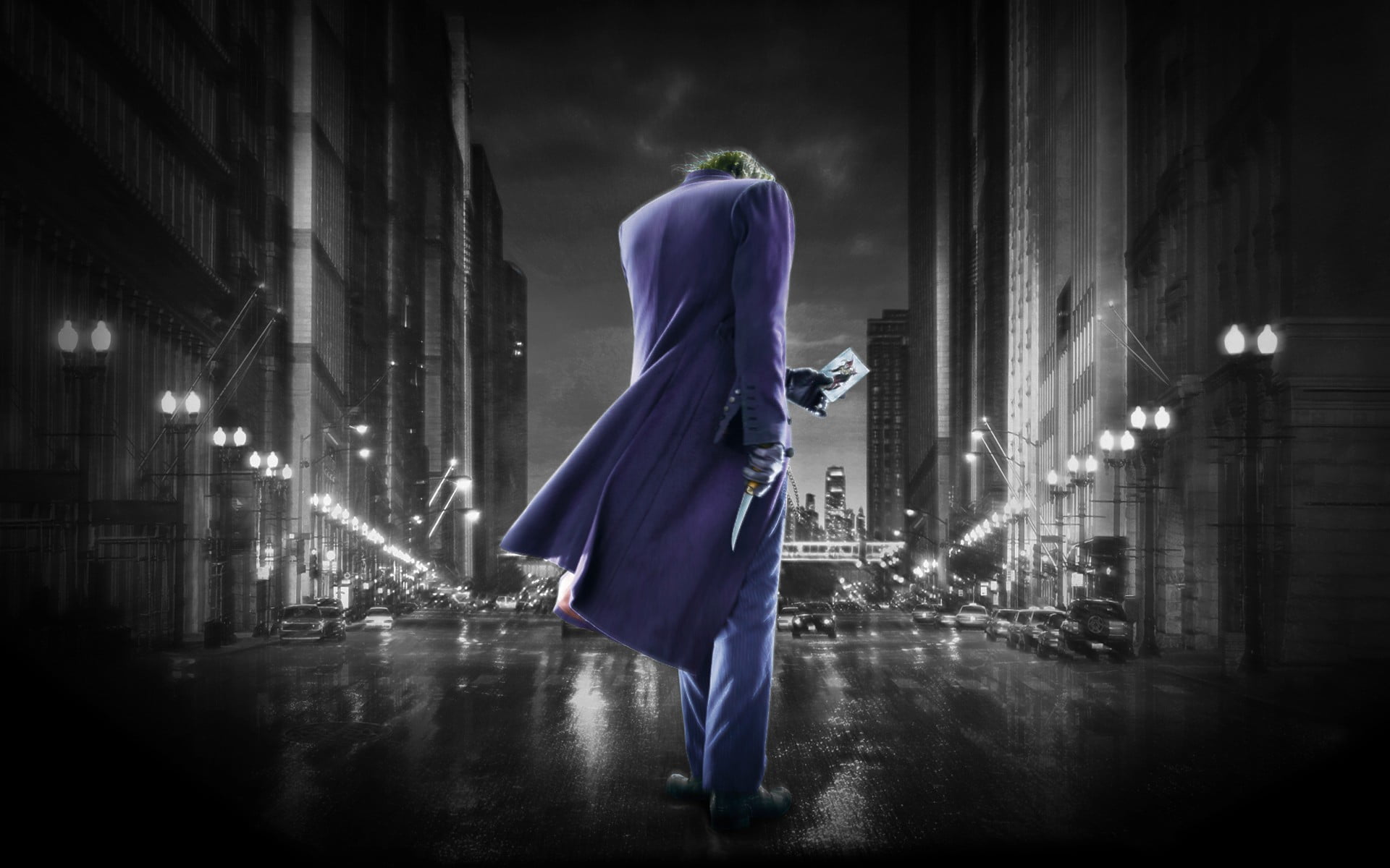 architecture, full length, clothing, knife, people, built structure, rear view, The Dark Knight, city, illuminated, outdoors, Joker, adult, real people, HD Wallpaper