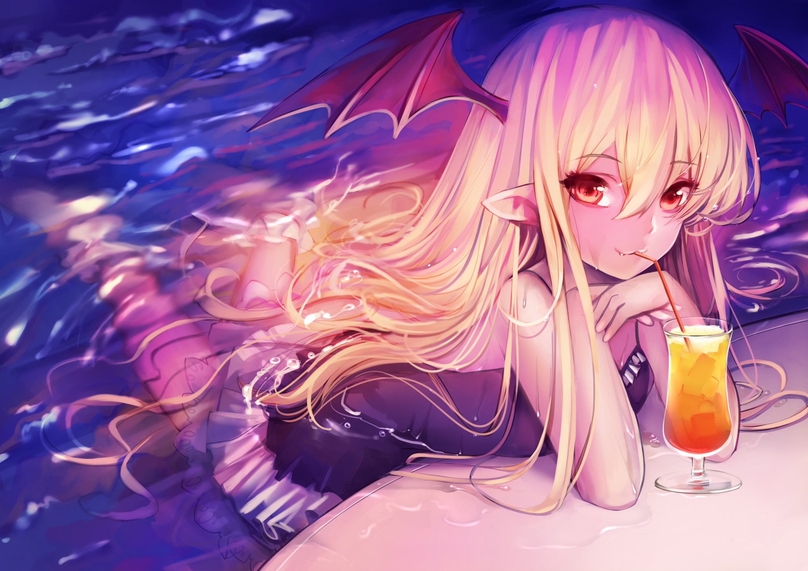 glass - material, innocence, women, red eyes, glass, looking at camera, anime, water, drink, food and drink, blond hair, pink color, indoors, refreshment, HD Wallpaper