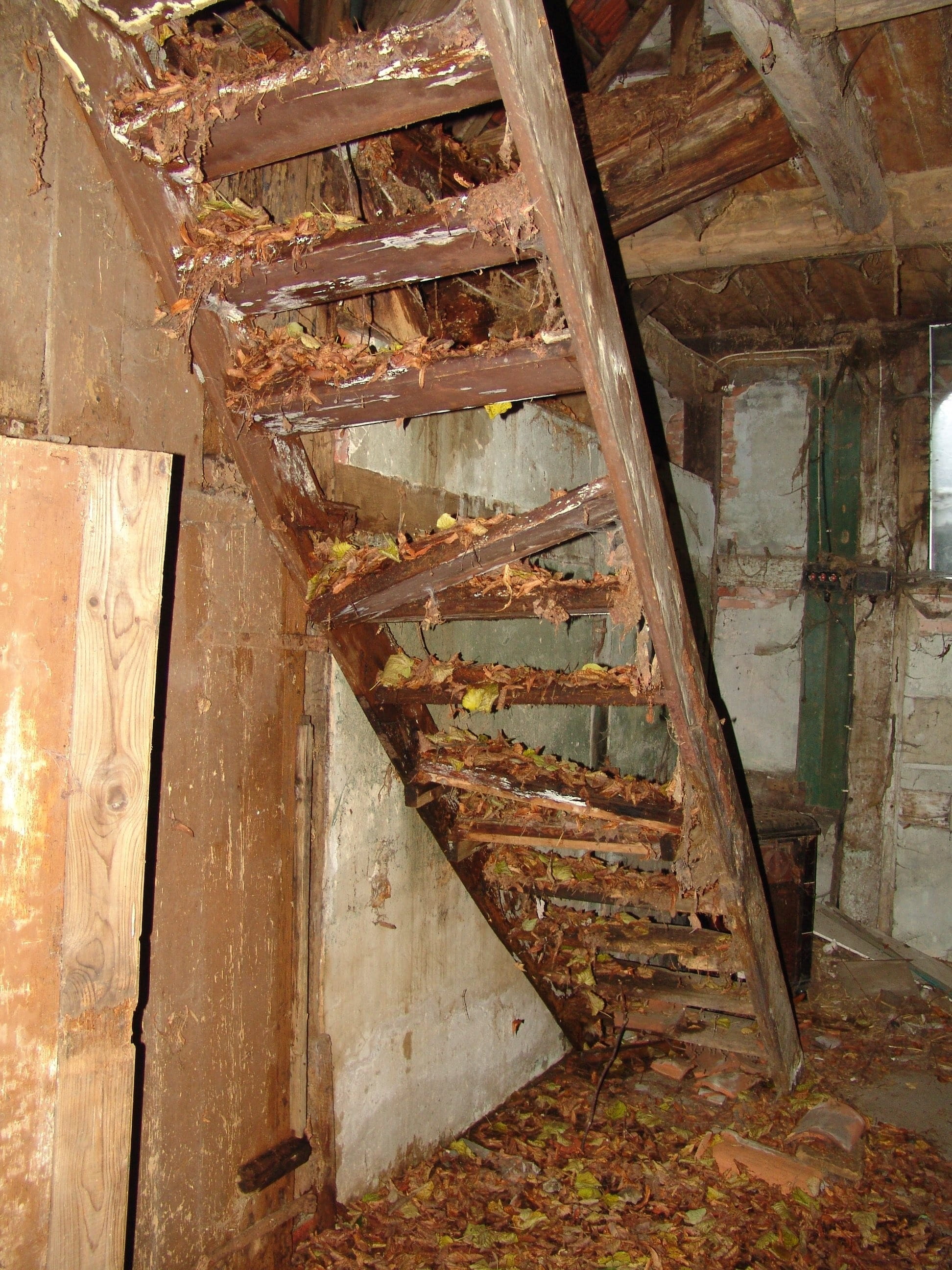 obsolete, broken, architecture, roof beam, home interior, Home, ruined, decline, staircase, damaged, Old, built structure, old building, 2K, bad condition, Phone HD Wallpaper