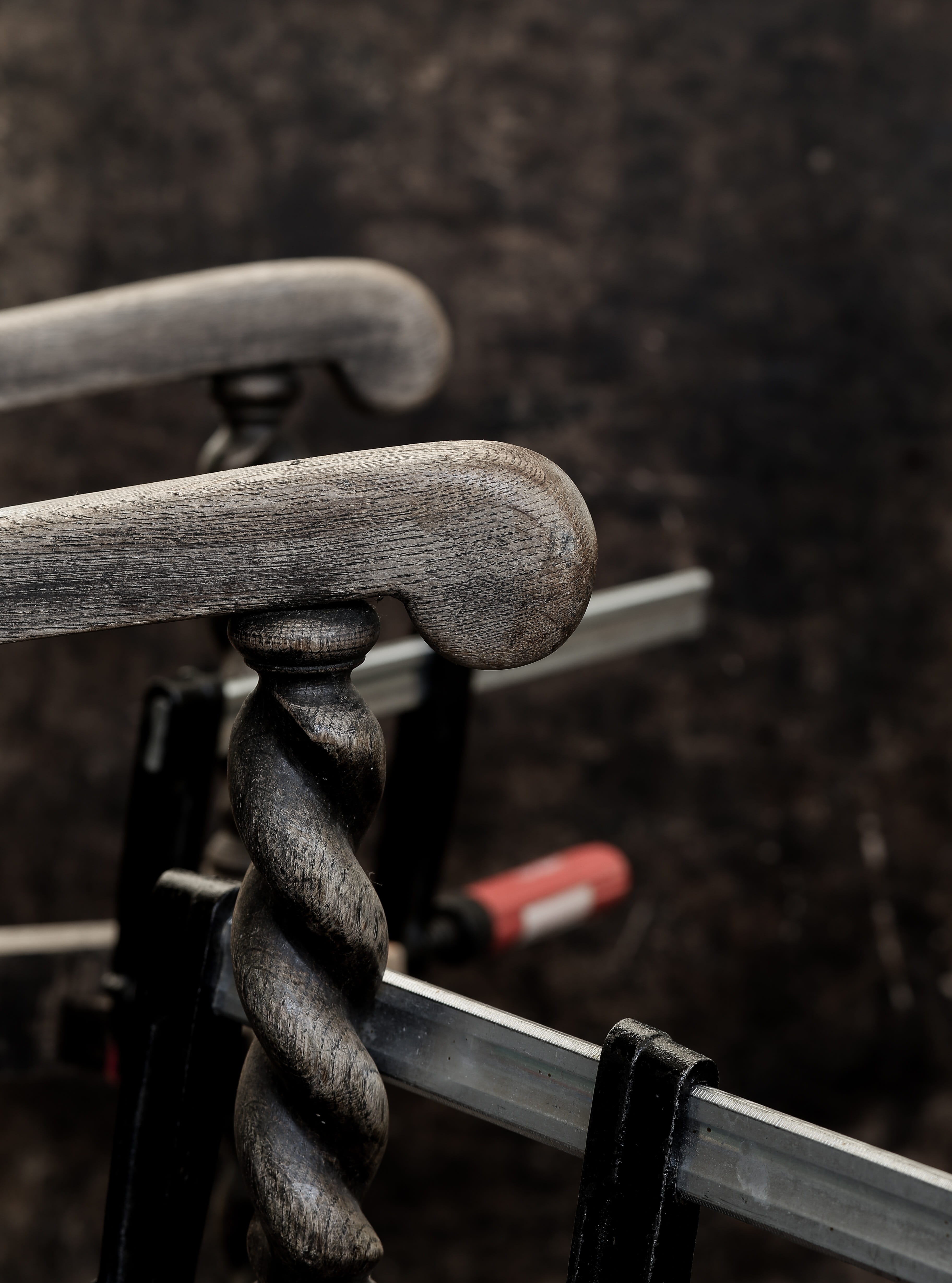 craftsman, still life, renovation, clamps, connection, old chair, old, security, day, focus on foreground, outdoors, restoration, workshop, selective focus, Phone HD Wallpaper
