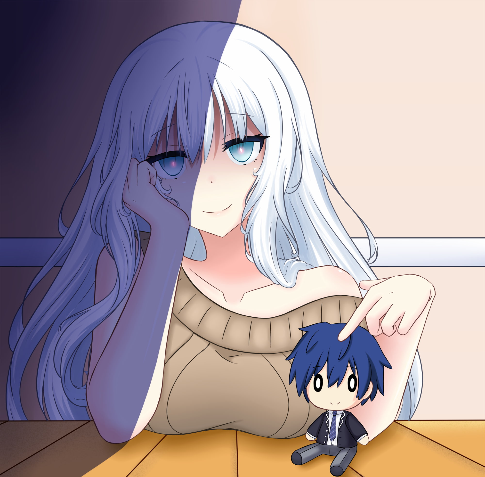 Kanade Shimizu, toys, human representation, Kanade Silver, representation, young adult, colored background, white hair, front view, real people, puppets, HD Wallpaper