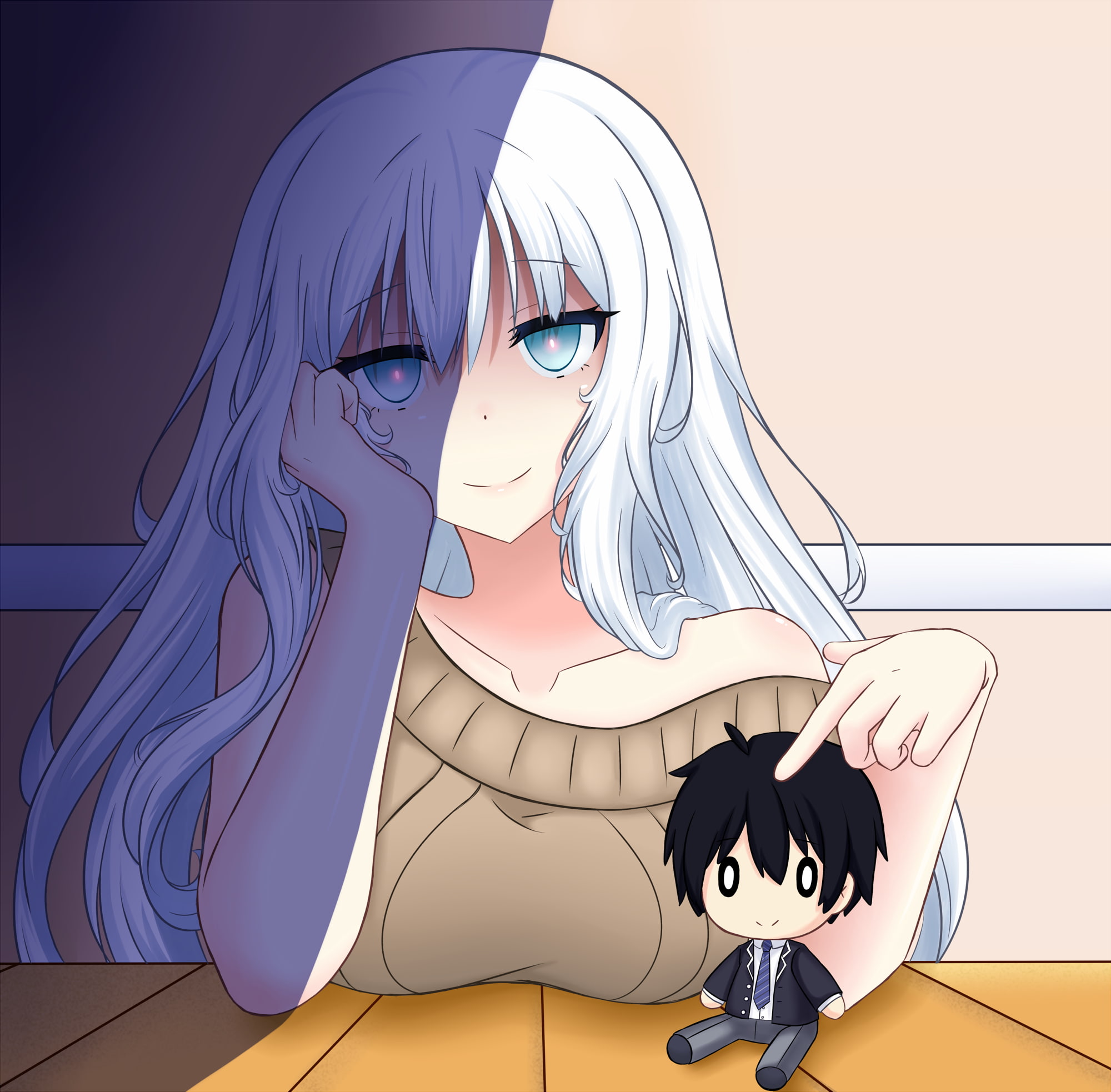 yandere, lifestyles, auto post production filter, adult, indoors, Hikari Kusakariki, women, young women, blue eyes, female likeness, toys, wall - building feature, HD Wallpaper