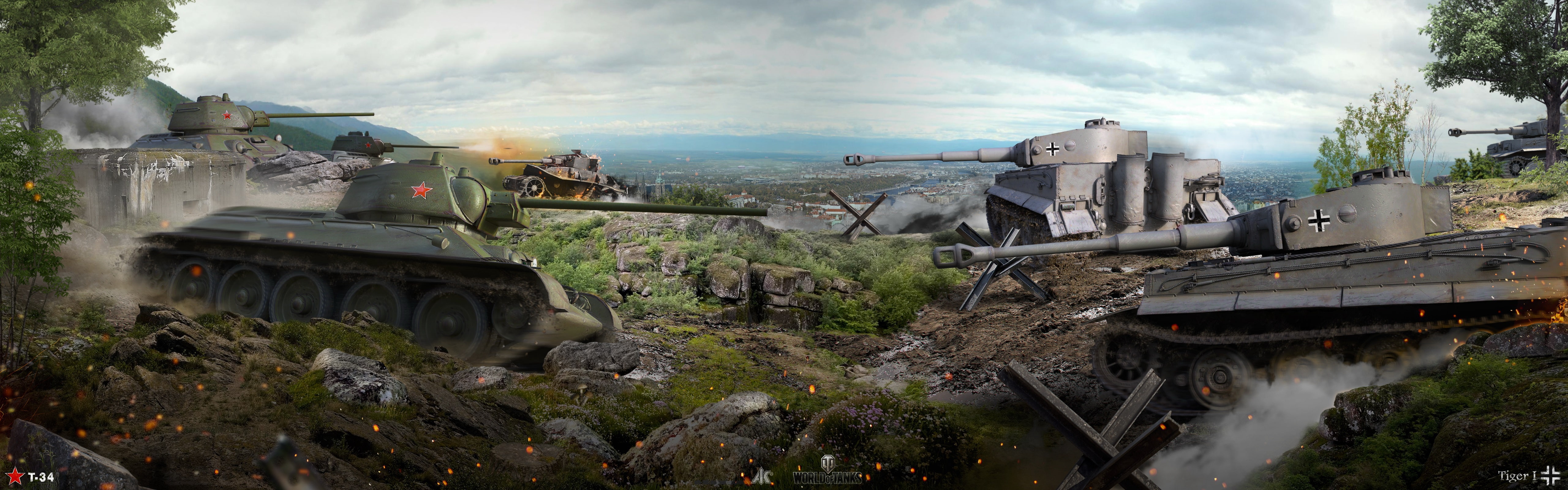 German, Tiger I, 5K, tanks, Soviet, T-34, the battle, battle, World of Tanks, panorama, WOT, HD Wallpaper
