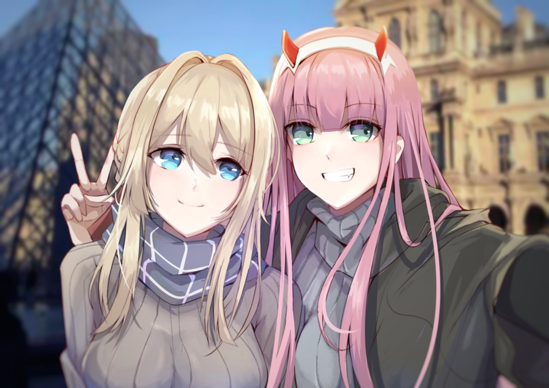 Anime, 1080P, Crossover, Violet Evergarden (Anime), Violet Evergarden (Character), Darling in the FranXX, Zero Two (Darling in the FranXX), HD Wallpaper