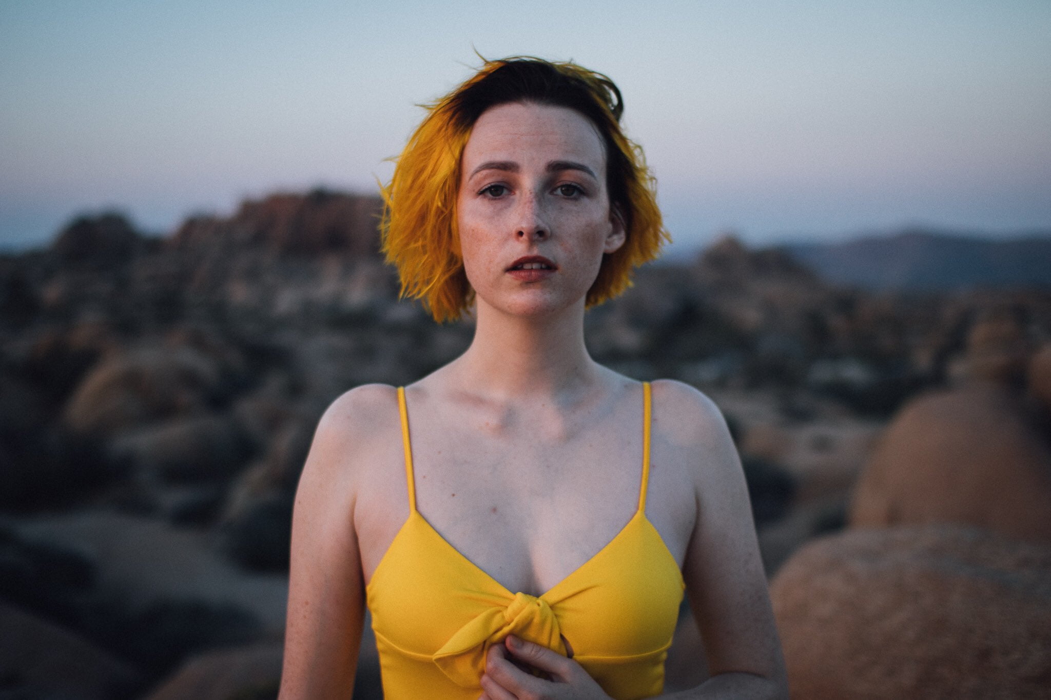women, yellow dress, Tessa Violet, 1080P, HD Wallpaper