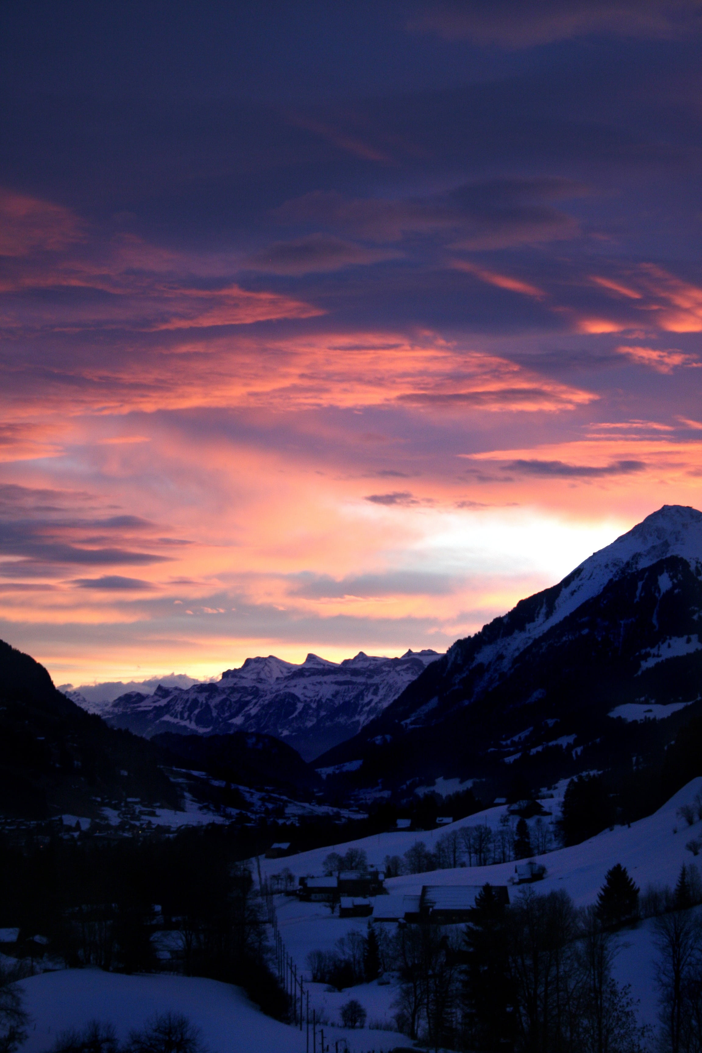 tranquility, purple, no people, bernese oberland, pink, scenics, sky, range, snow, violet, unique, beautiful, orange, mountains, mountain, outdoors, landscape, Phone HD Wallpaper