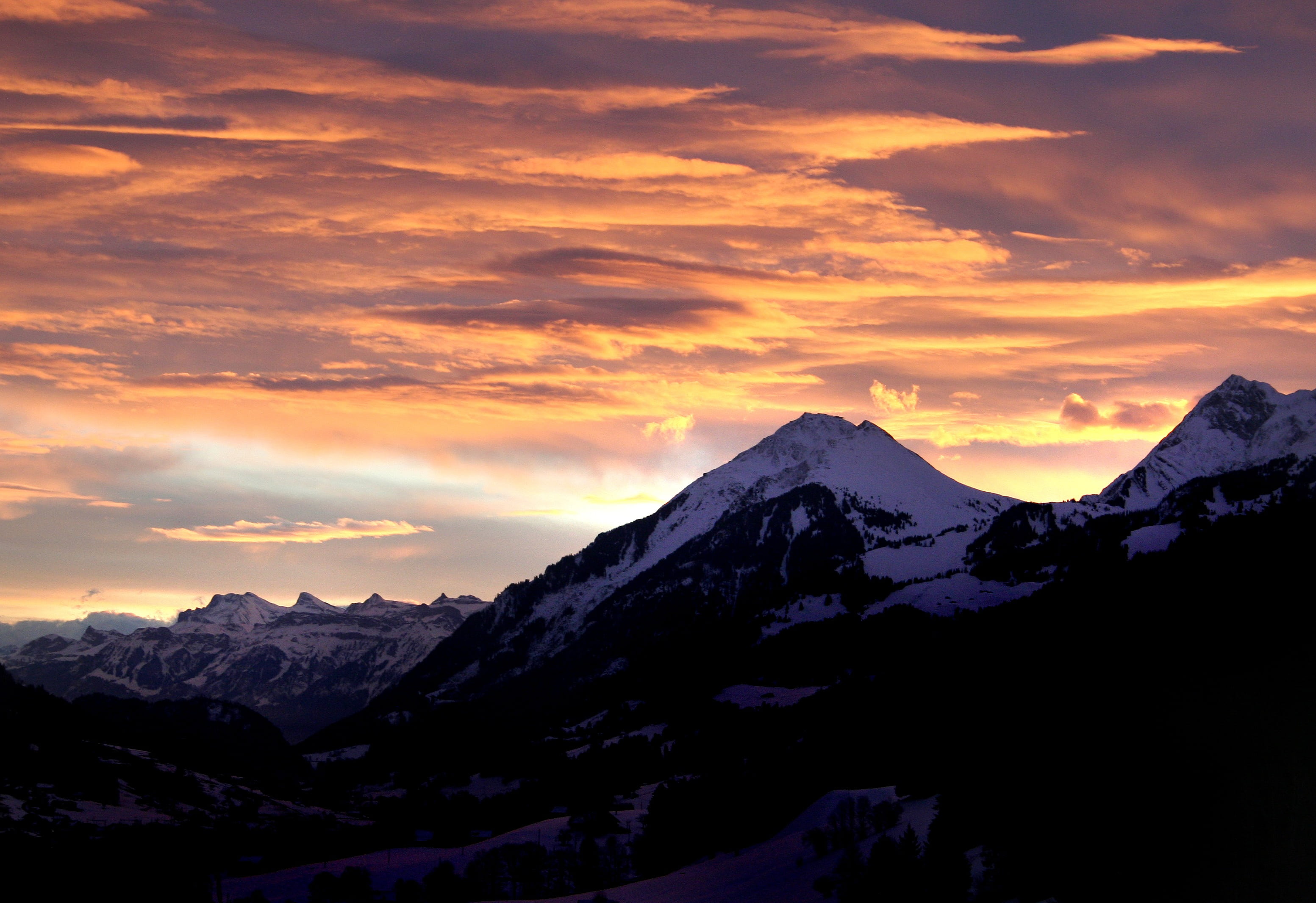 gradient, purple, sunset, no people, orange, environment, winter, mountains, cold temperature, sun, evening, bernese oberland, orange color, natural spectacle, HD Wallpaper