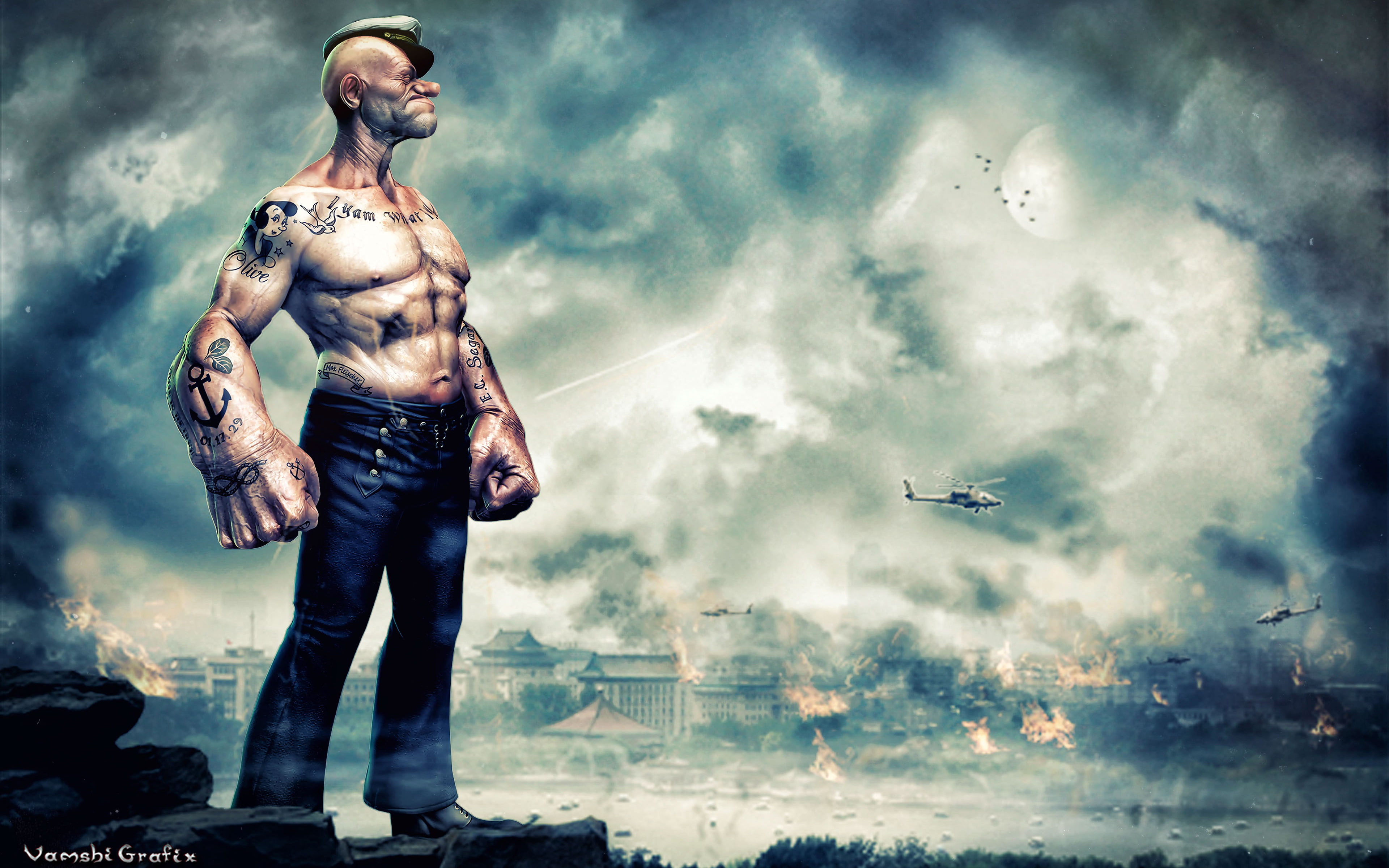 standing, k, day, males, muscular build, men, lifestyles, young adult, Popeye, smoke - physical structure, full length, digital composite, 4K, adult, nature, HD Wallpaper