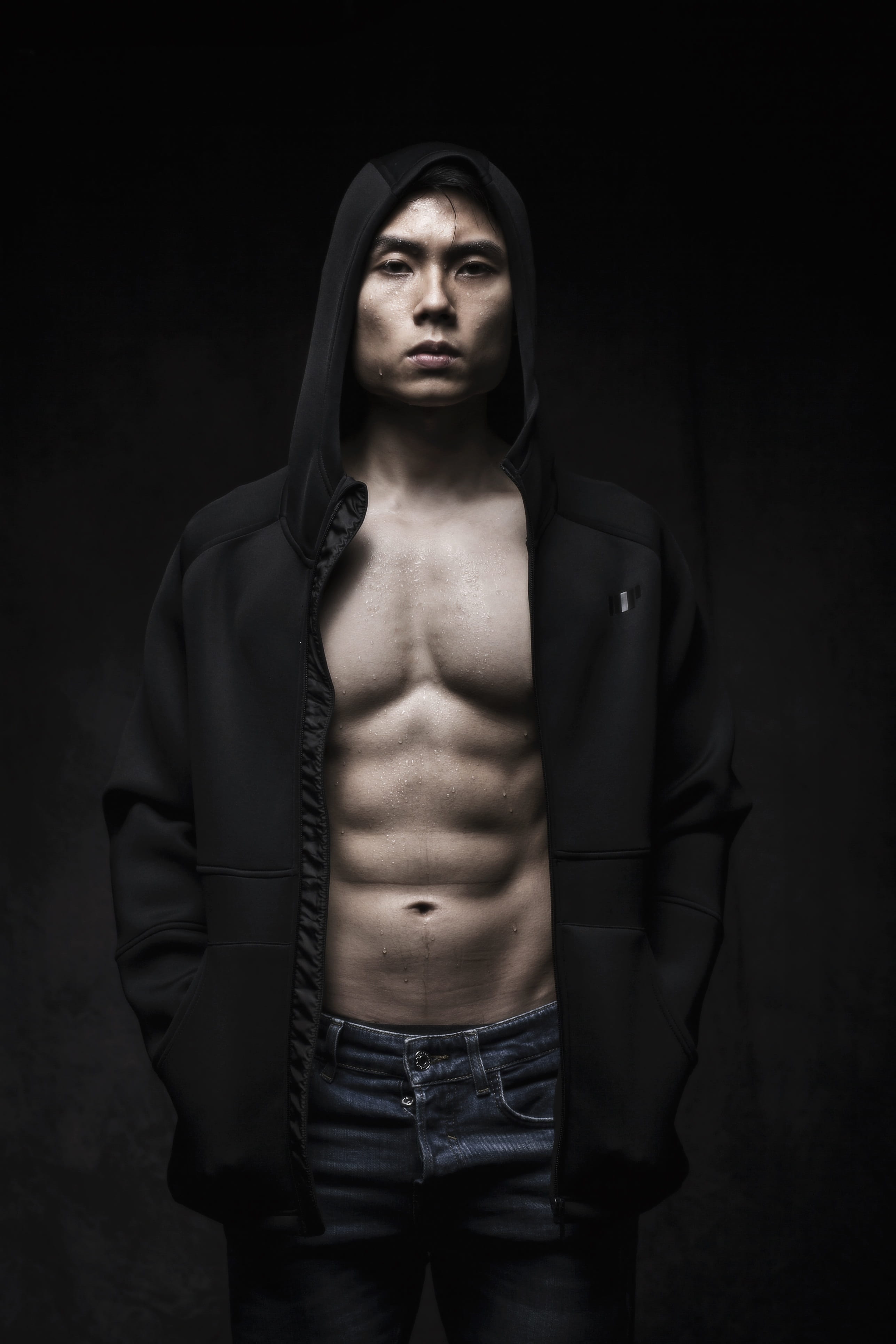 strength, masculinity, jeans, muscular build, fitness, young adult, handsome, one person, man, 4K, shirtless, body, portrait, strong, front view, hood, Phone HD Wallpaper