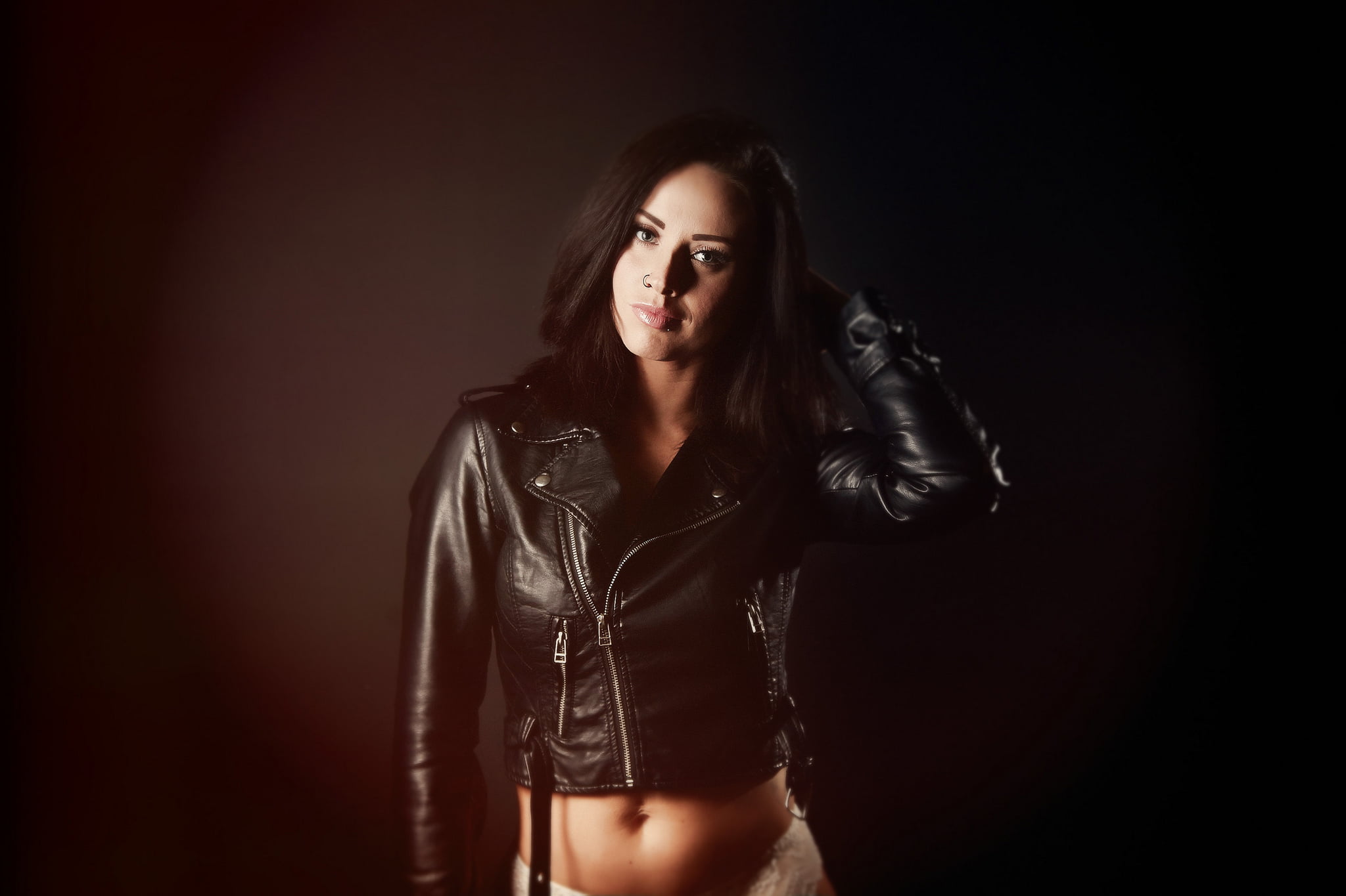 brunette, portrait, fashion, girl, beauty, black background, adult, leather jacket, studio shot, looking at camera, look, leather, jacket, one person, hair, HD Wallpaper
