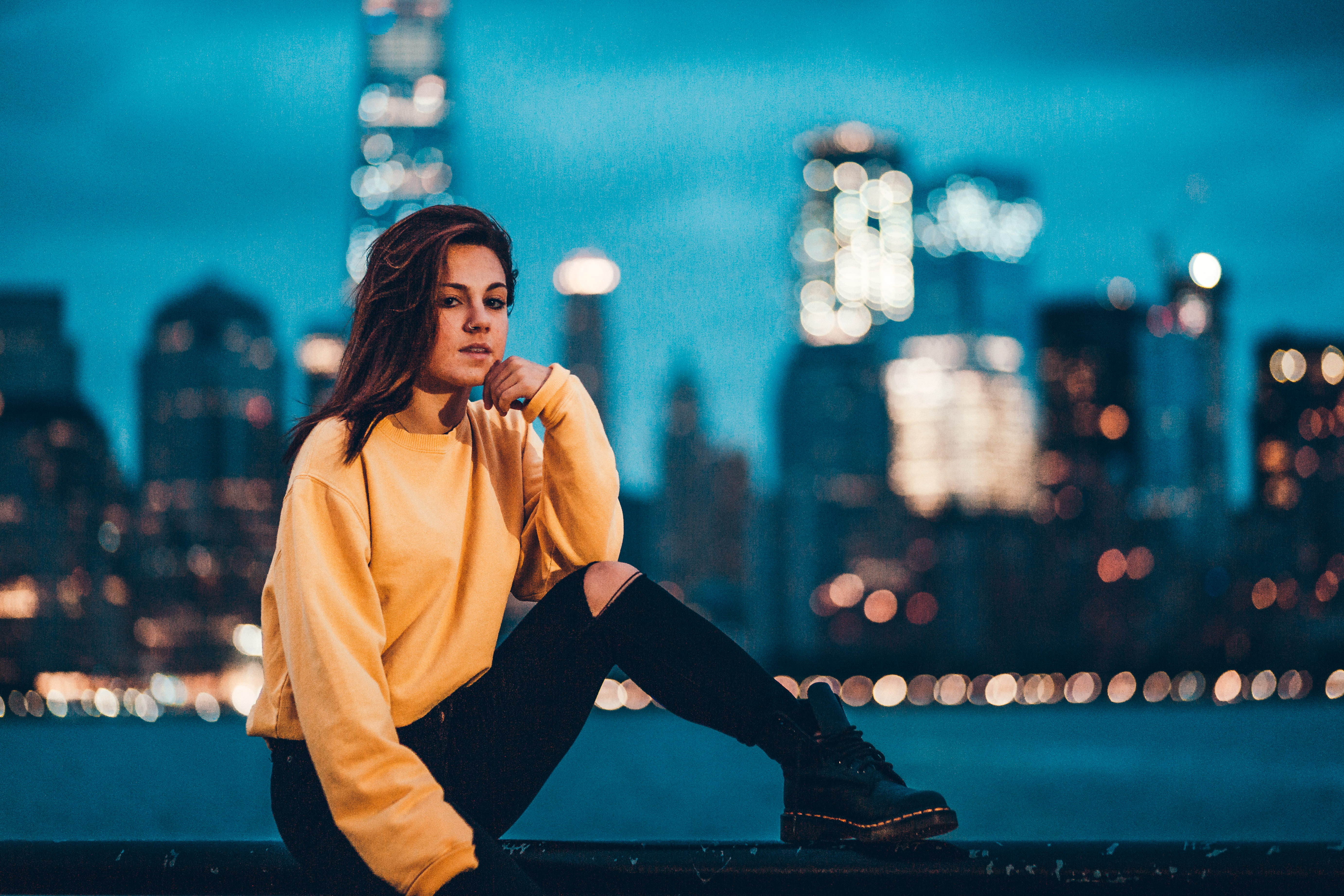 fashion, pants, females, handrail, bokeh, lifestyles, city life, banister, jersey city, female, beauty, sitting, clothing, women, jeans, young adult, night, HD Wallpaper