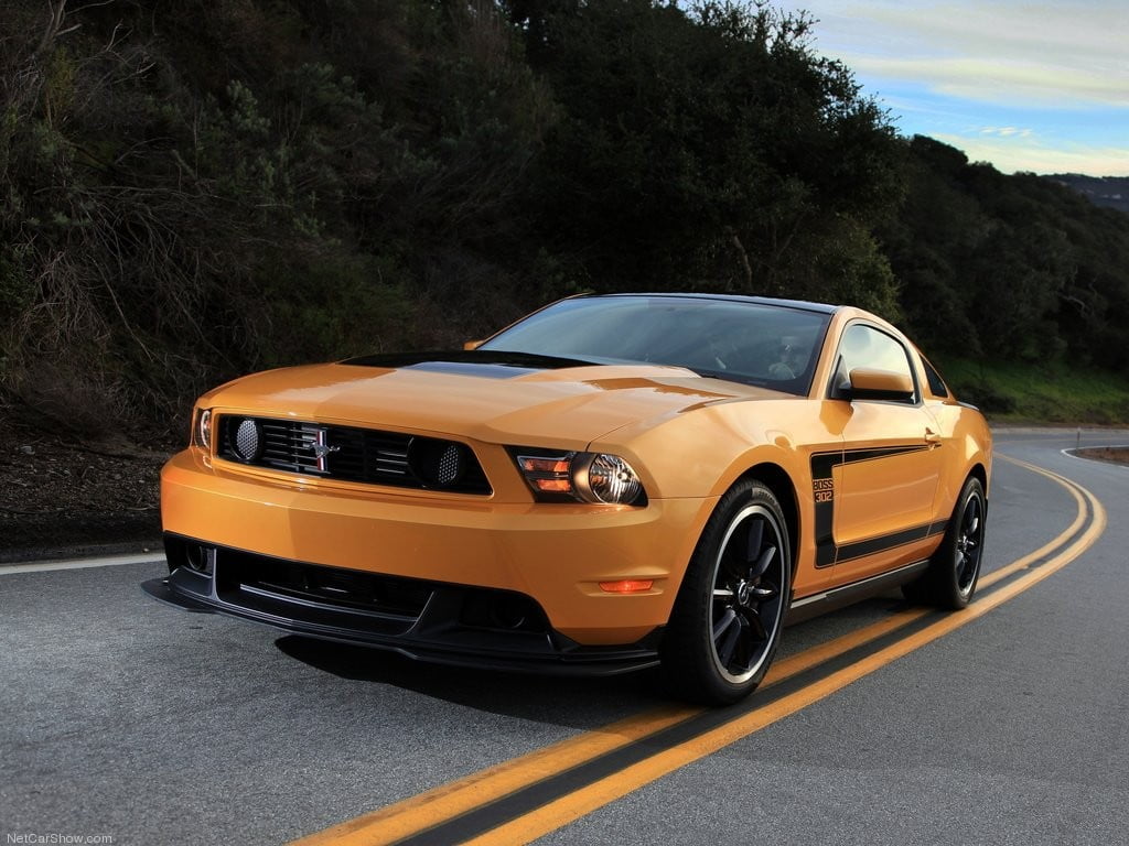 marking, boss 302, parking, motor vehicle, Ford Mustang, transportation, street, tree, no people, Ford USA, orange, car, mode of transportation, plant, HD Wallpaper