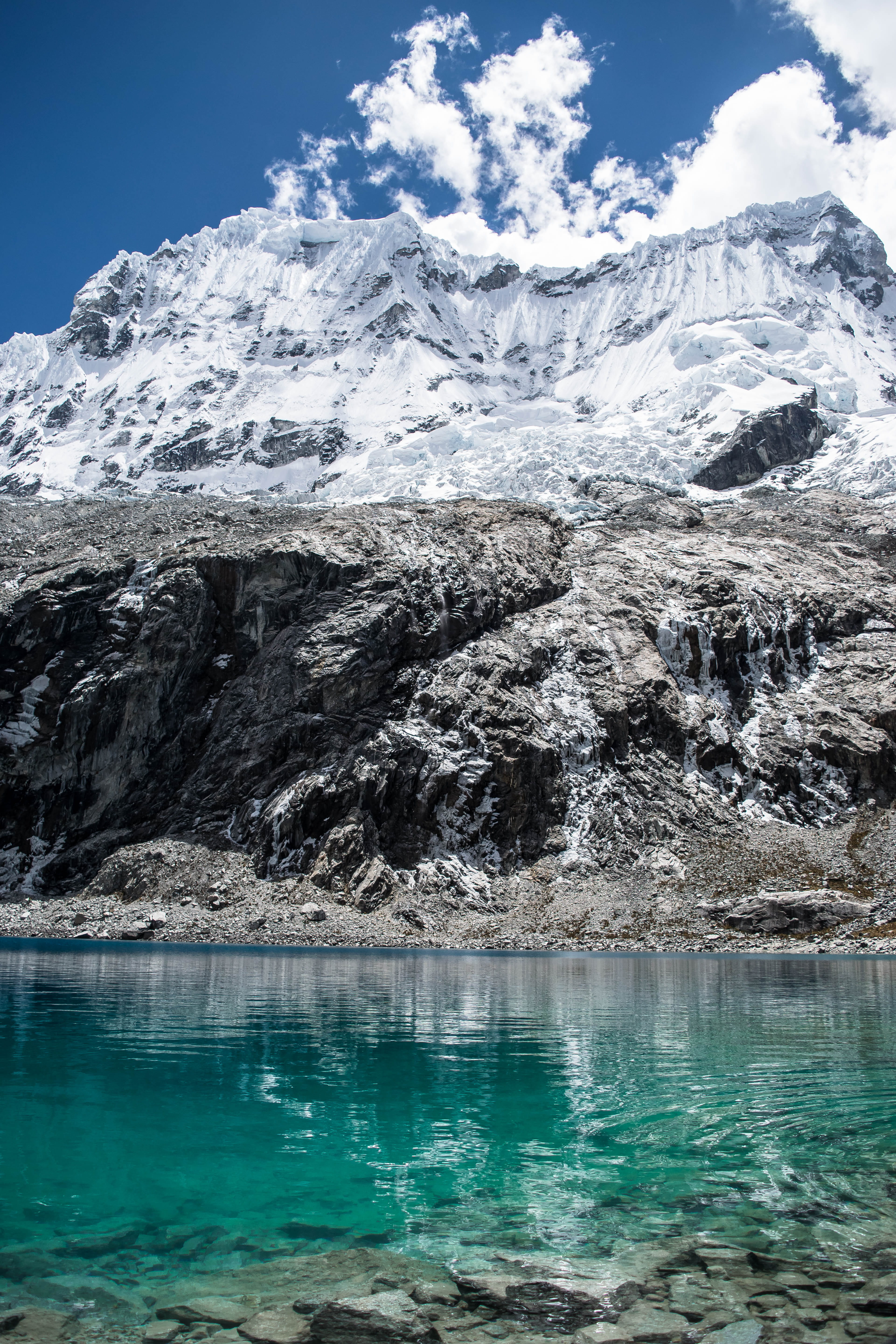lake, snowcapped mountain, sky, white, blue, cold temperature, water, landscape, snow, clouds, turquoise colored, natural, huascarán, front, mountain peak, Phone HD Wallpaper