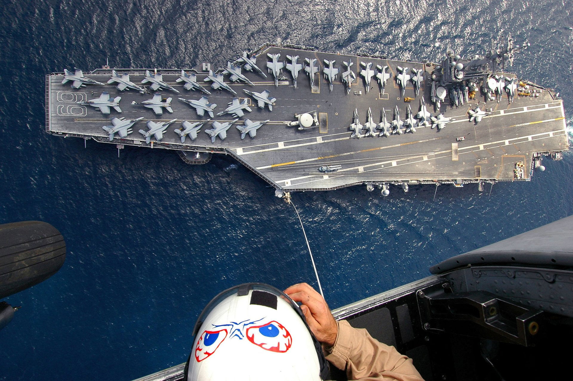 USS Dwight D. Eisenhower (CVN-69), real people, ship, unrecognizable person, day, gray, human hand, Warship, 1080P, men, flying, high angle view, personal perspective, HD Wallpaper