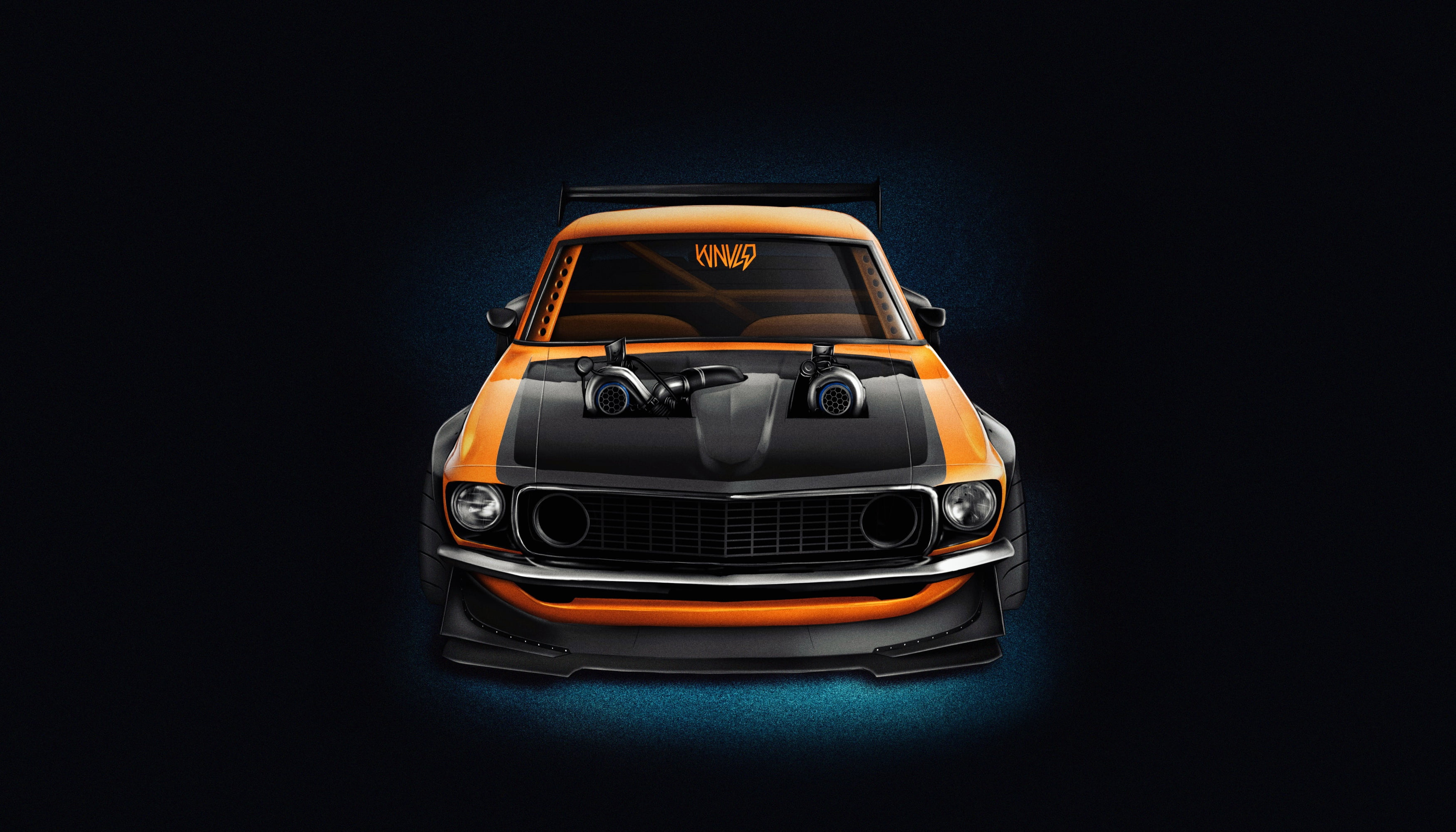 Car, 2K, Ford, Transport and Vehicles, 1969, JF-Boosted 69 Mustang Twin Turbo // WNVLD, Orange, Machine, Mustang, Ford Mustang, Background, Orange color, HD Wallpaper