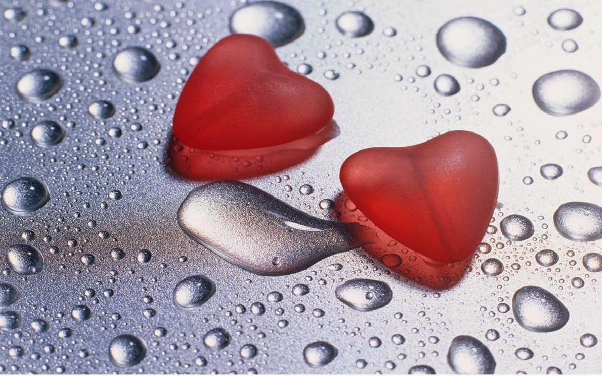 hearts, water, drops, two, red, 1080P, HD Wallpaper