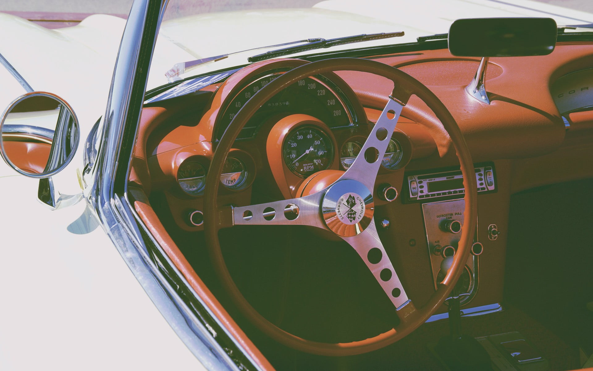 1080P, control panel, dashboard, car, motor vehicle, retro styled, no people, outdoors, red, glass - material, land vehicle, steering wheel, vintage car, HD Wallpaper