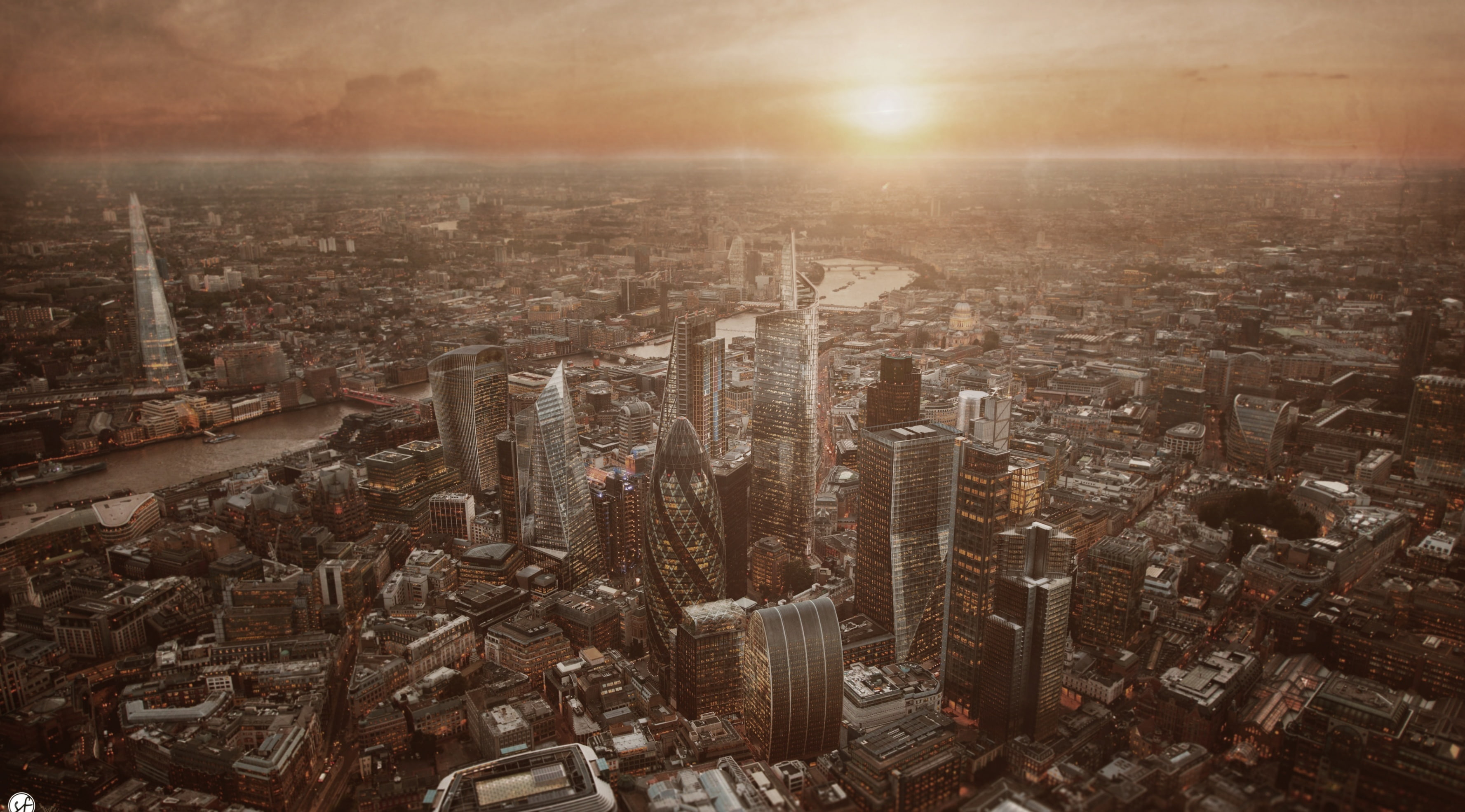 City, horizon, high angle view, lens flare, architecture, high, dreams, built structure, financial district, office building exterior, nature, aerial view, HD Wallpaper