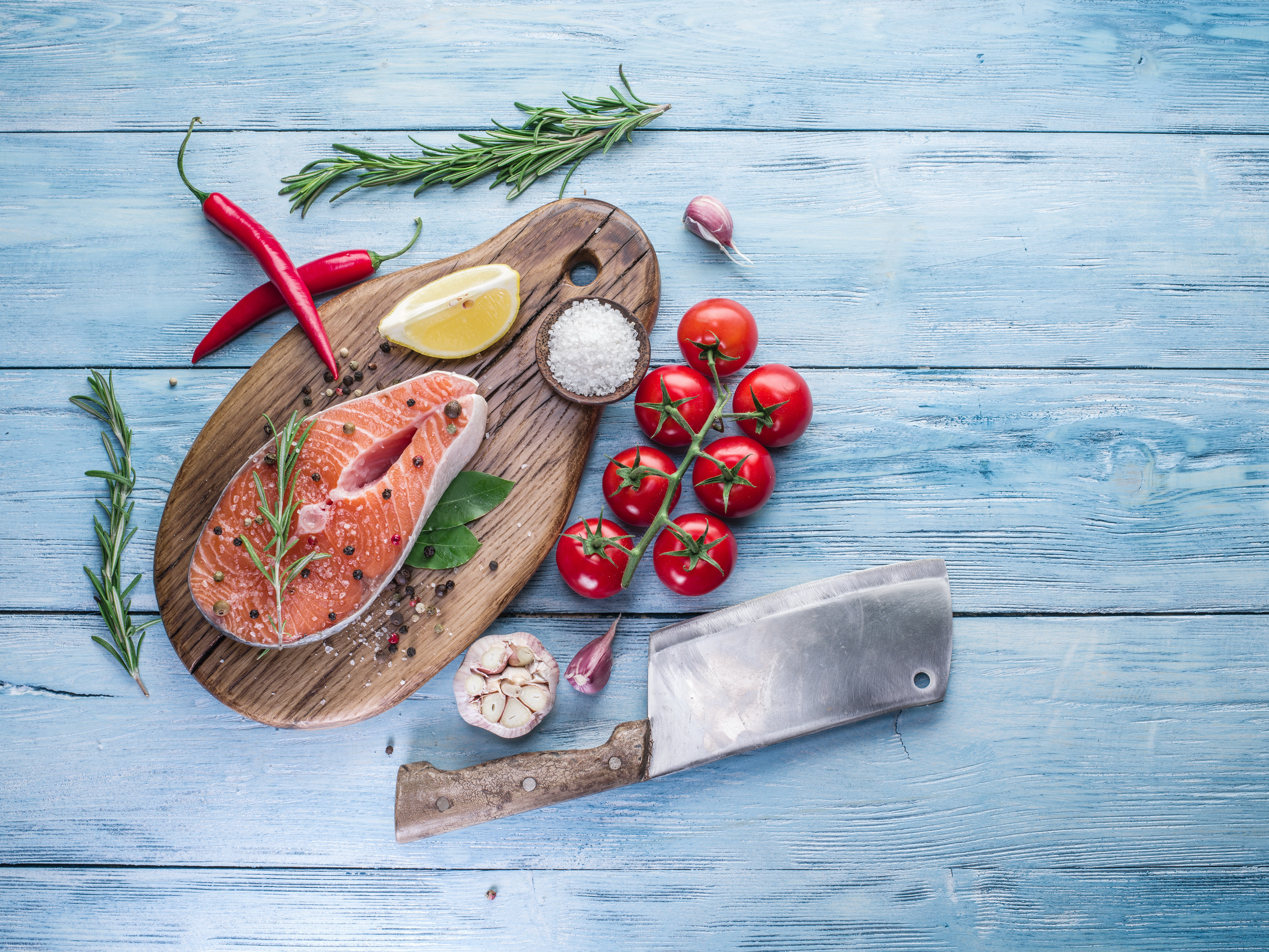Pepper, Knife, Still Life, Food, Seafood, 5K, Tomato, Fish, HD Wallpaper