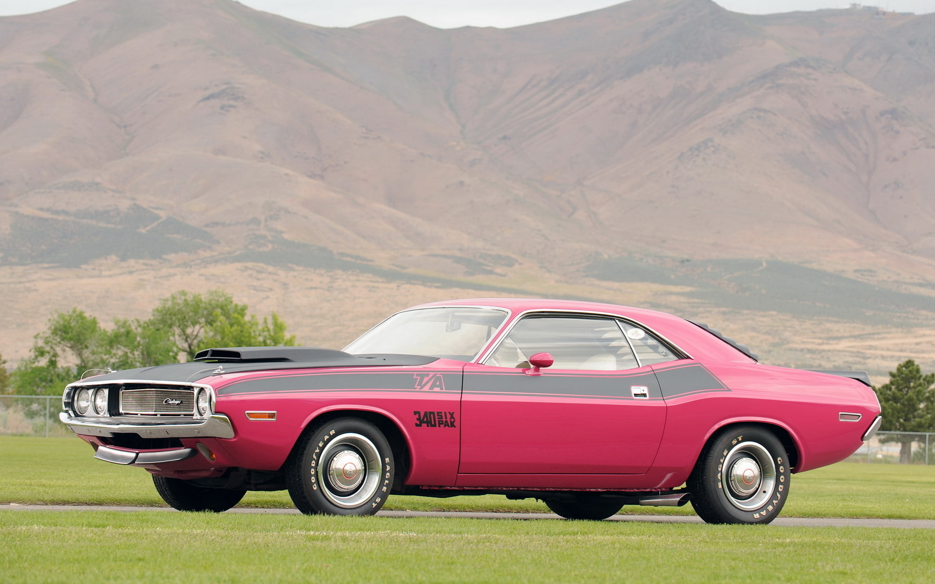 Goodyear Tires, landscape, Dodge Challenger, car, 1080P, Dodge Challenger 1970, mountains, nature, HD Wallpaper