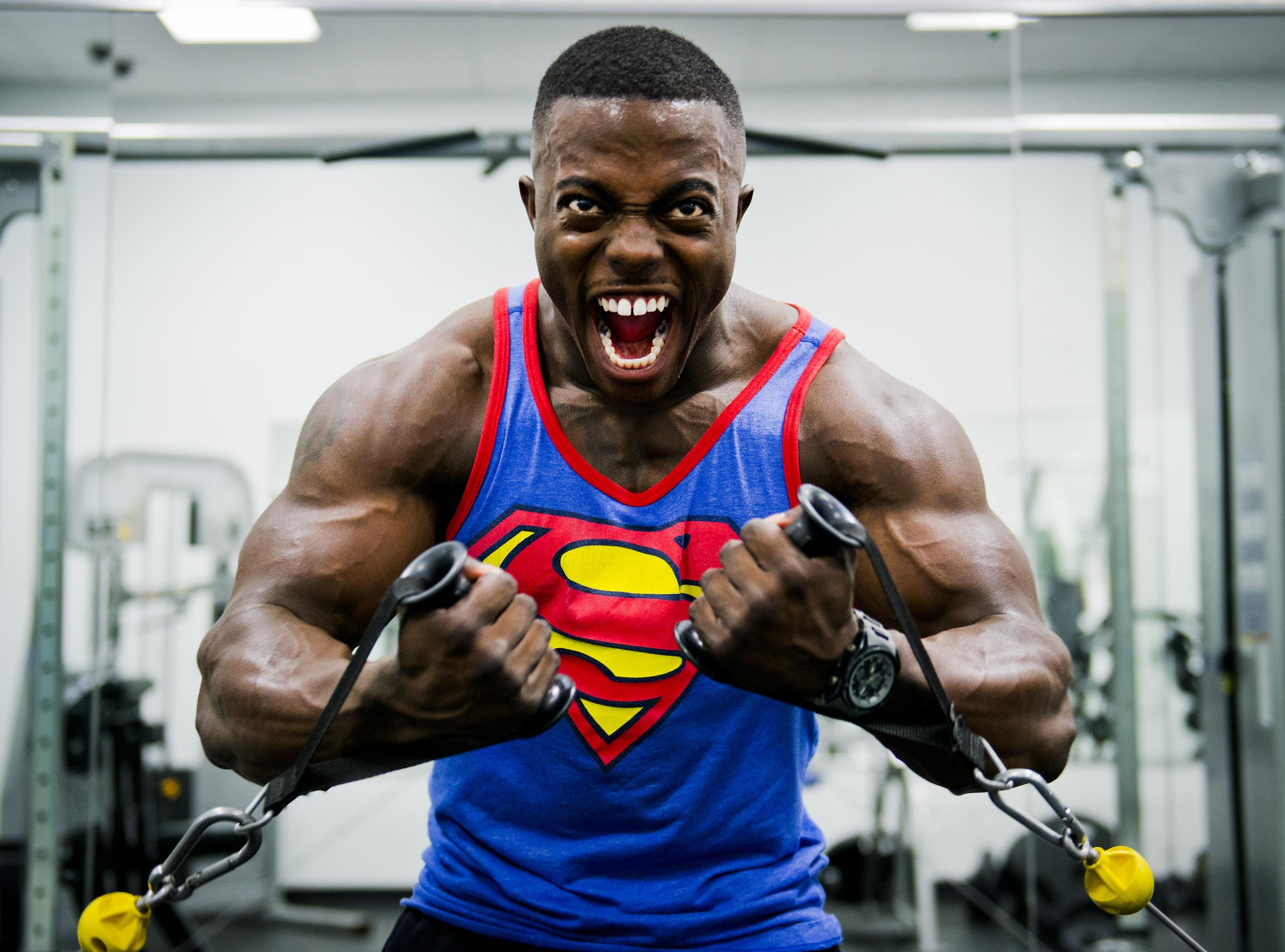 adult, exercising, lifestyles, blue, men, weight training, biceps, holding, gym, muscles, weightlifting, superman, person, bodybuilder, fitness, muscular, HD Wallpaper