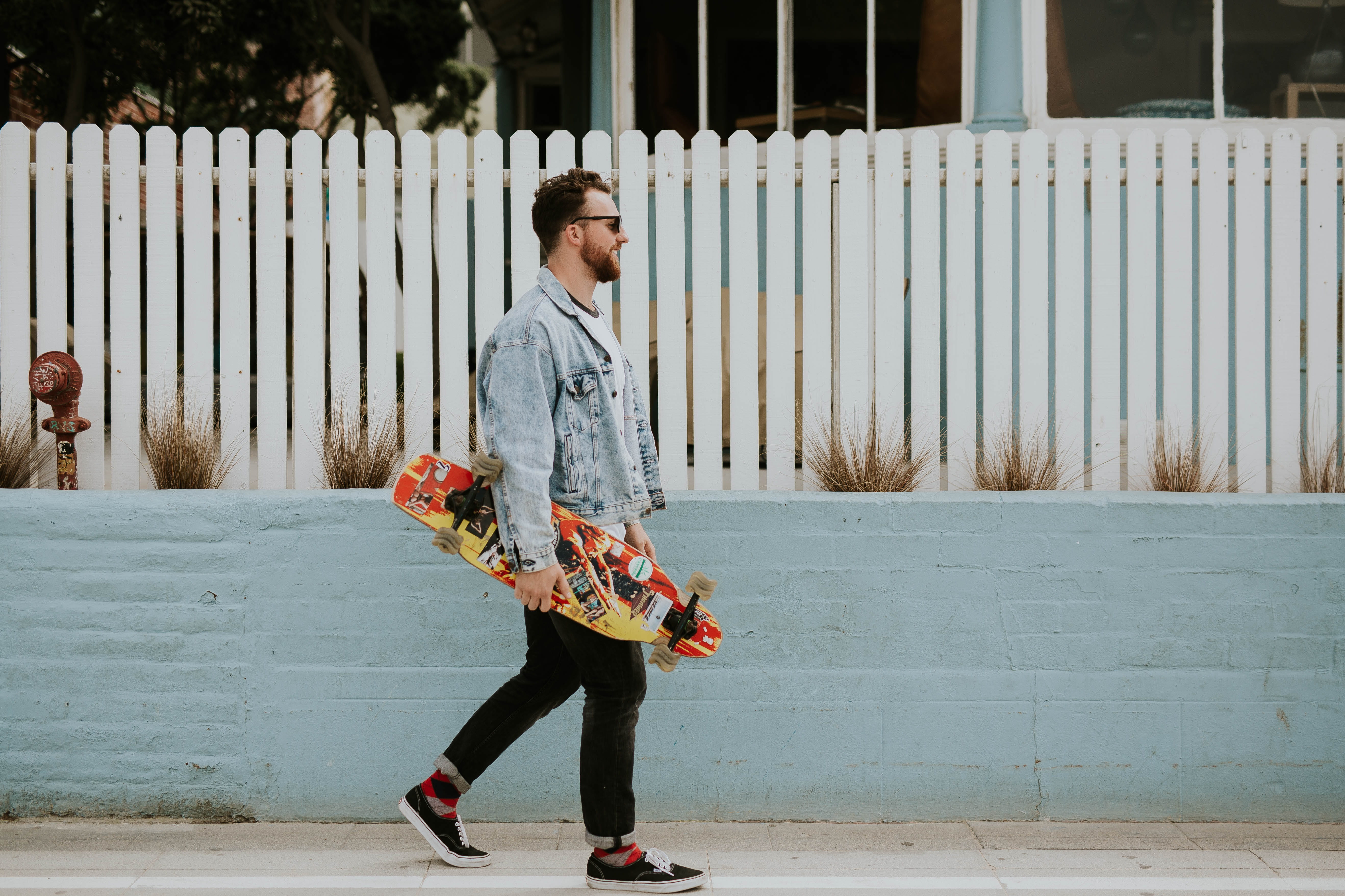 denim, longboard, white, adult, warm clothing, board, button, full length, guy, multicolored, real people, outdoors, punk, holding, long, footpath, man, HD Wallpaper