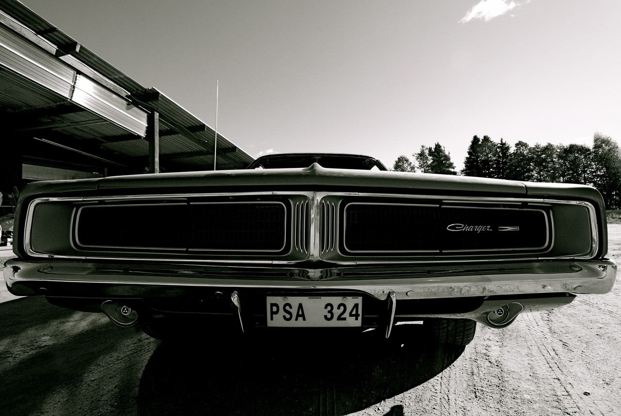 land vehicle, no people, clear sky, built structure, day, number, outdoors, nature, western script, Dodge, plant, retro styled, tree, sky, car, Dodge Charger, HD Wallpaper