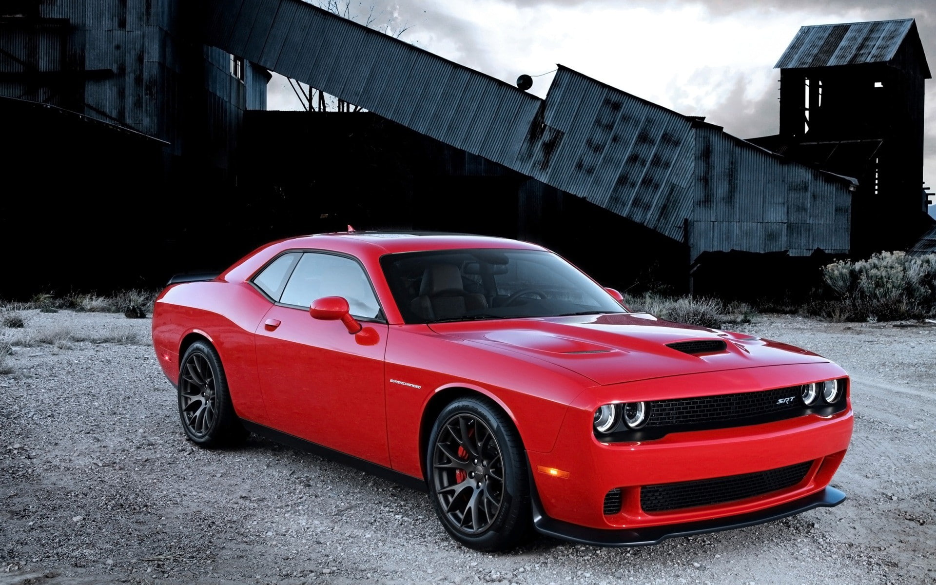 Dodge, building exterior, Dodge Challenger SRT, luxury, red, sports car, motor vehicle, no people, nature, vintage car, day, transportation, retro styled, HD Wallpaper