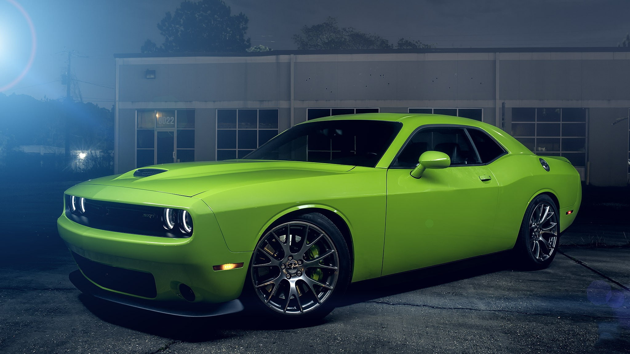 parking, city, mode of transportation, luxury, night, stationary, building exterior, architecture, land vehicle, transportation, Dodge Challenger SRT, vintage car, HD Wallpaper