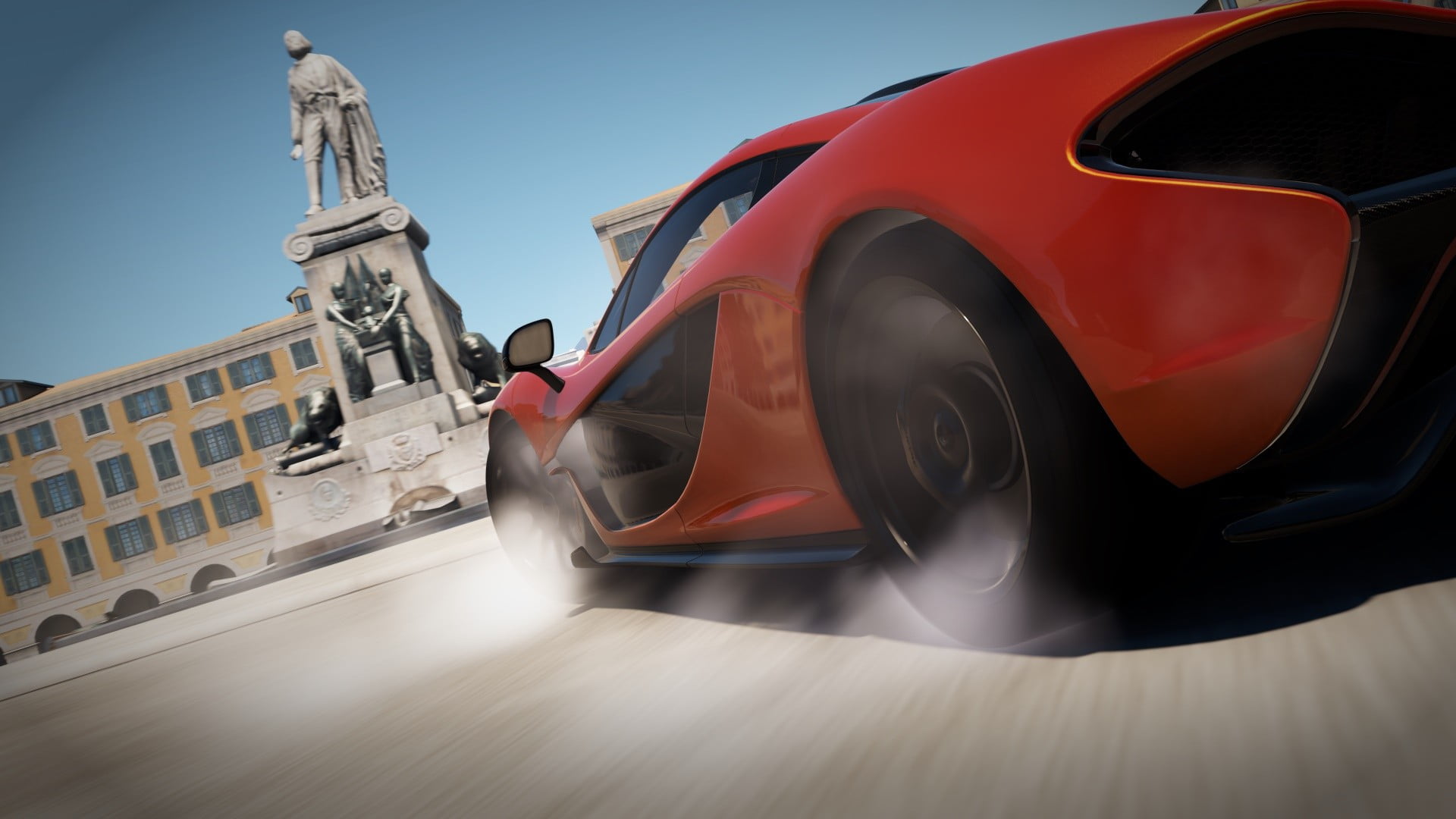 Forza Horizon 2, 1080P, red, tilt, land vehicle, blurred motion, transportation, motion, mode of transportation, nature, city, architecture, coupe, McLaren, HD Wallpaper